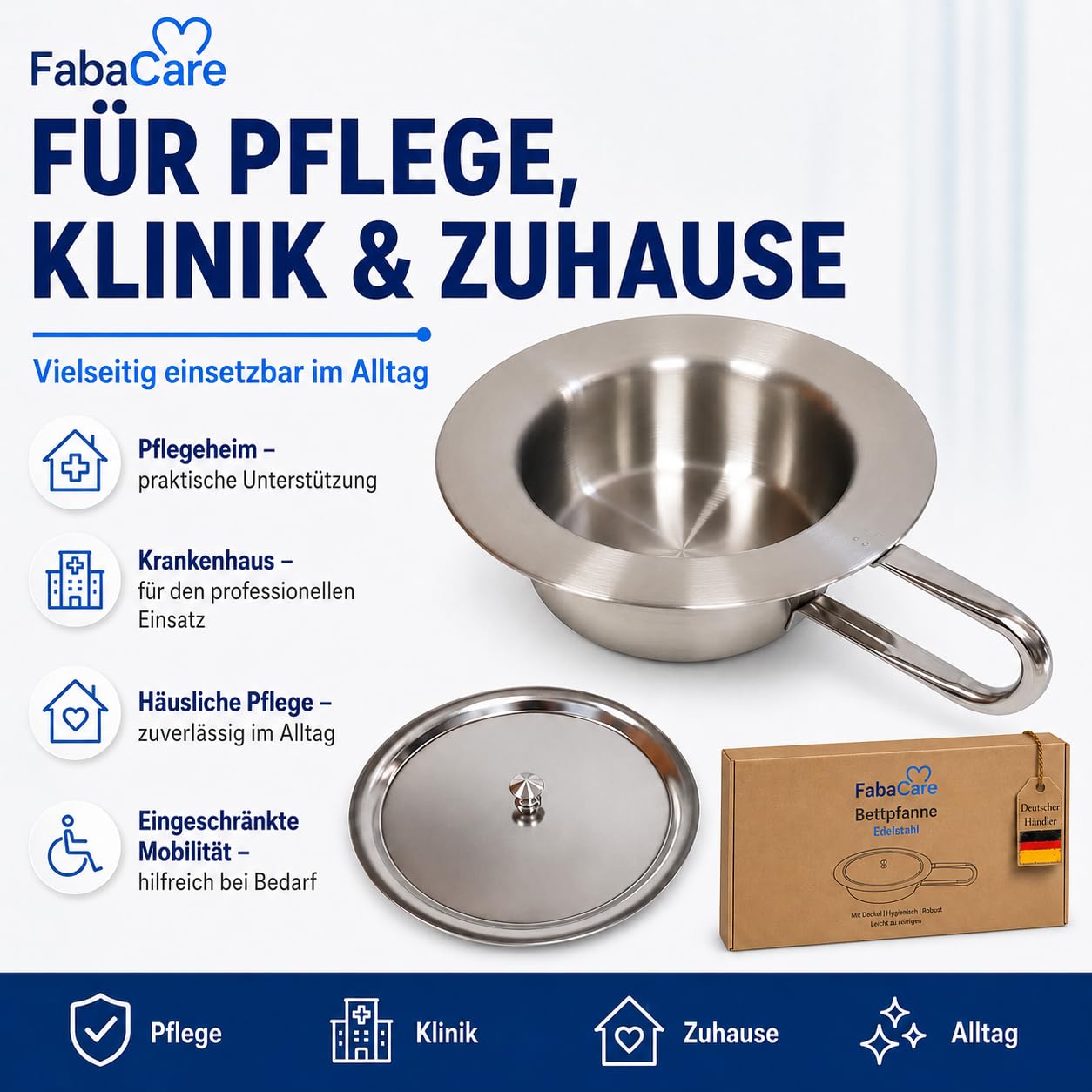 FabaCare Bettpfanne Edelstahl mit Deckel für Erwachsene, 2 Liter | Stechbecken 2 Liter für Pflege, Klinik & Zuhause – robust, hygienisch, leicht zu reinigen und diskret griffbereit