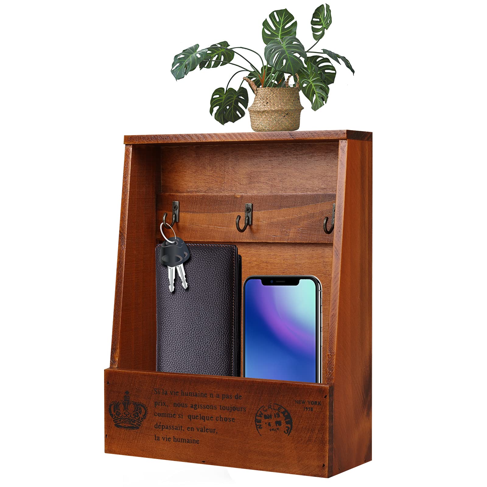 Key Mail Holder for Wall, LIVSTON Mail Organizer with Key Hooks Decorative Wooden Shelf with Storage Box Home Decor for Entryway or Mudroom (Brown)