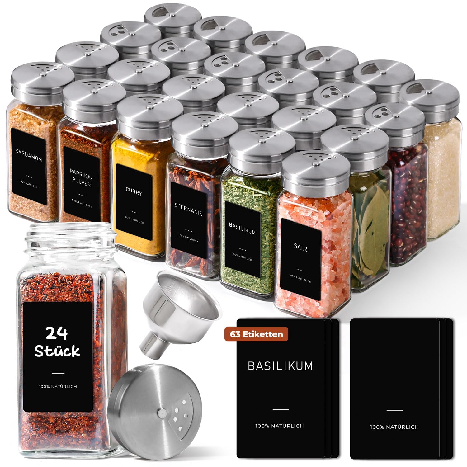 ComSaf Gewürzgläser Eckig mit Etiketten (24×120ml), Gewürzstreuer Glas mit Metalldrehdeckel, Gewürzdosen Edelstahltrichter, Gewürz Organizer, Gewürzbehälter, Spice Jars
