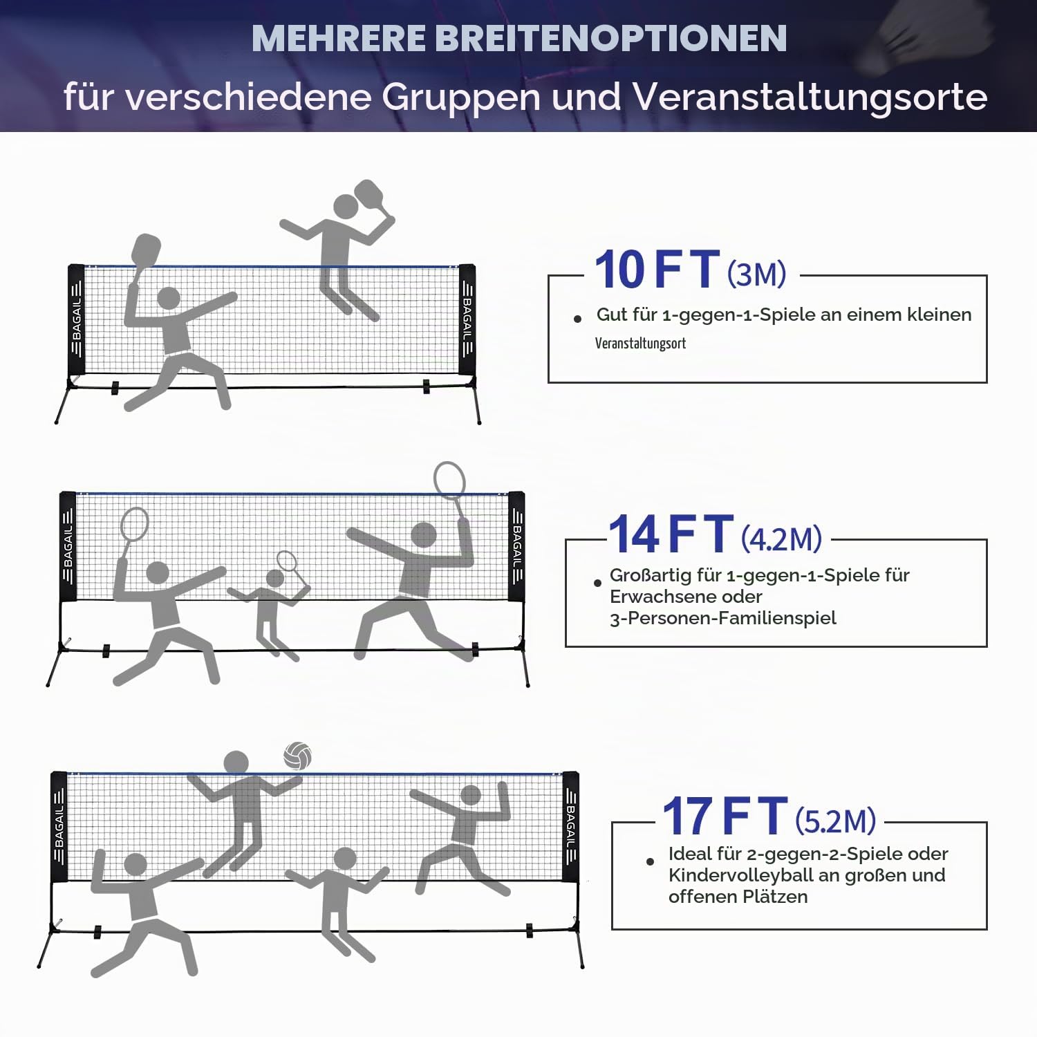 BAGAIL Sportnetz mit Pickleball- und Badminton-Sets, 3m | höhenverstellbares Netzsystem, tragbare Transporttasche, Aufbau ohne Werkzeug, ideal für Volleyball, Pickleball und Tennis