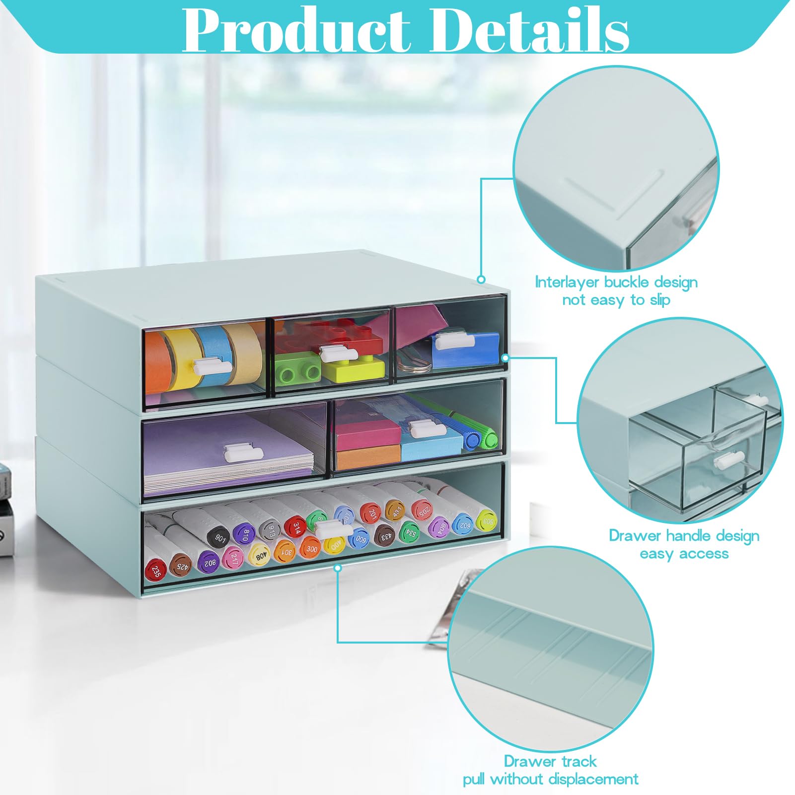 Organizador de escritorio apilable de 3 niveles con 6 cajones, caja de almacenamiento de escritorio de plástico, cajones de escritorio, almacenamiento de maquillaje desmontable, organizador de