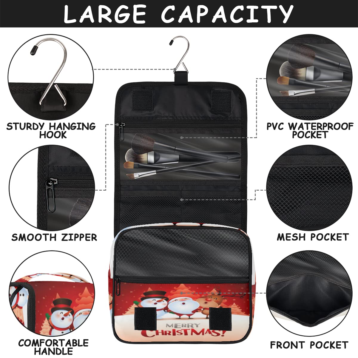 Świąteczna podróżna kosmetyczka Wesołych Świąt Wzory Mycie Torebka Unisex Wiszące przybory toaletowe Kosmetyczka Organizer do makijażu, wielobarwny, Jeden rozmiar