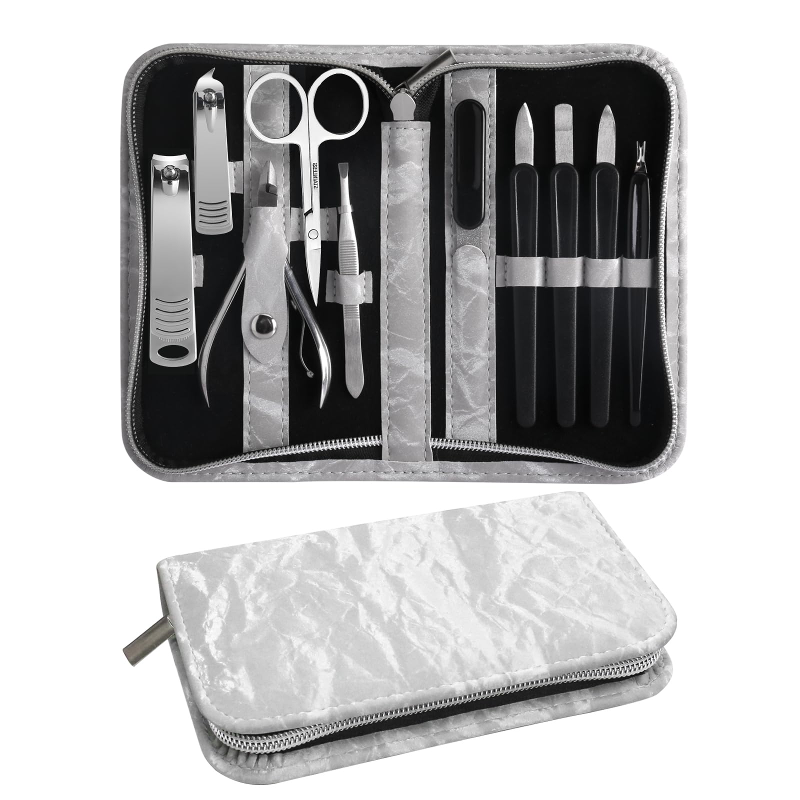Manicure Pedicure Set, Nail Clipper Set 10-Piece Set Professional Manicure Kit Nail Kit with Portable Pink Travel Case Gift for Men Boyfriend Parent/Gray