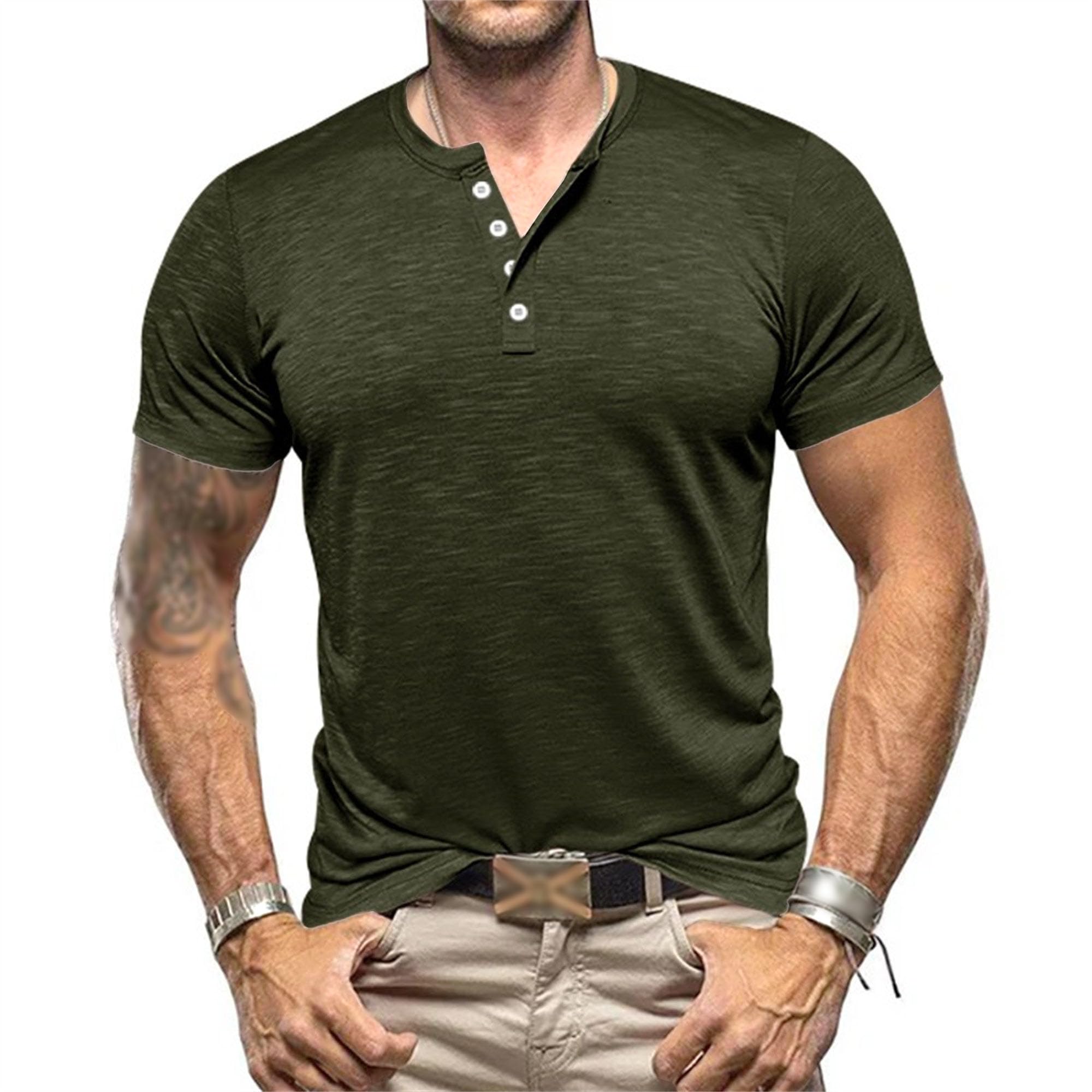 Men Quarter Button Tight Henry Shirt Short Sleeve Round Collar Thin T Shirt Summer Classic Cozy Breathable Tops (Navy Green,X-Large)