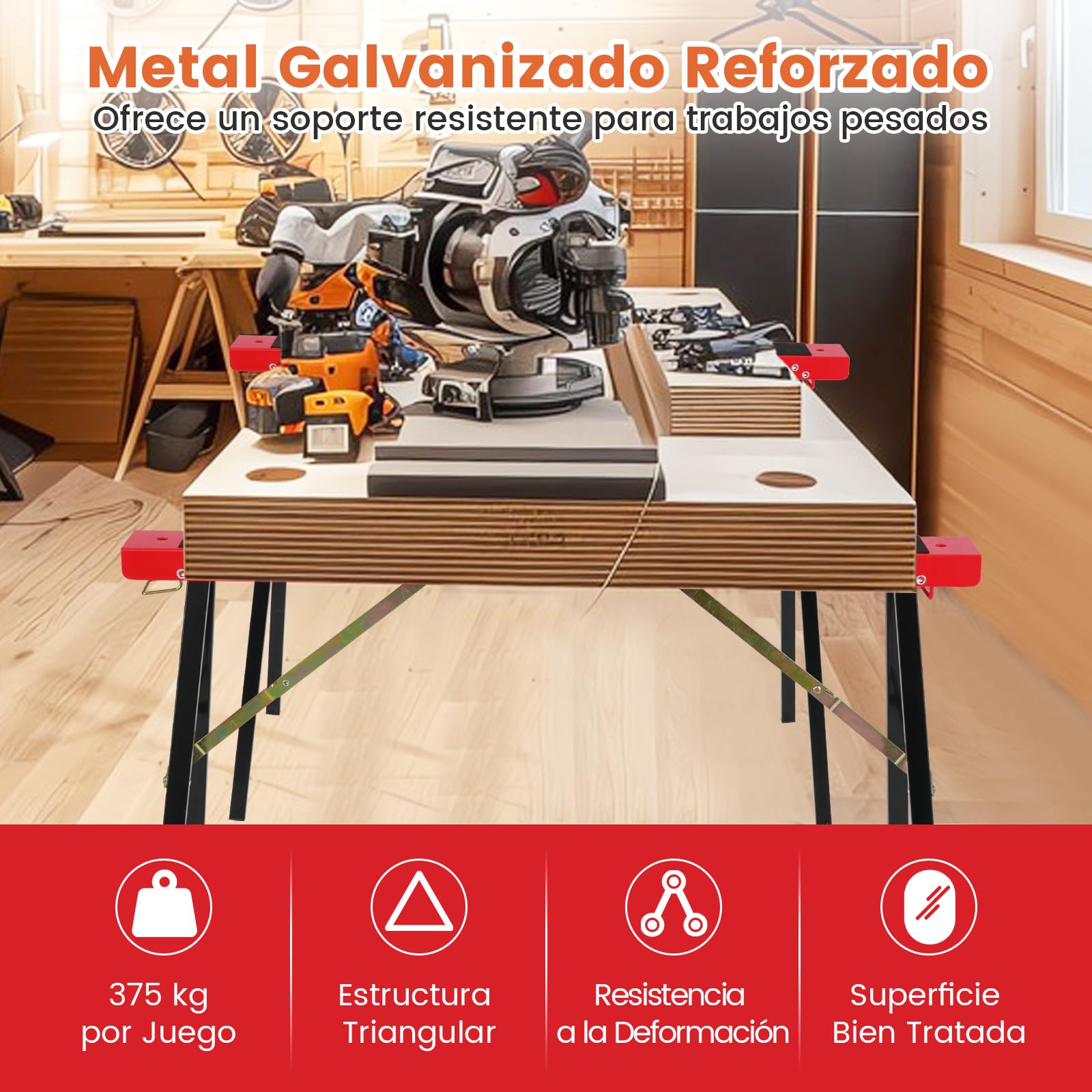 GOPLUS Juego de 2 Caballetes de Sierra Plegables, Caballete de Metal Galvanizado con Superficie Antideslizante y Asa, Capacidad de 375 kg, Soporte Portátil para Herramientas Carpintería Bricolaje