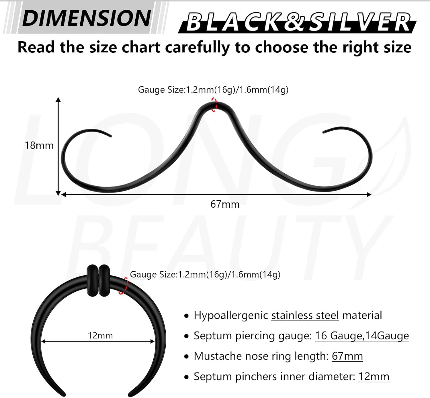 Qmcandy 16G 14G Mustache Septum Rings Buffalo Septum Pincher Tapers Nose Rings Stainless Steel Septum Piercing Jewelry for Men Women