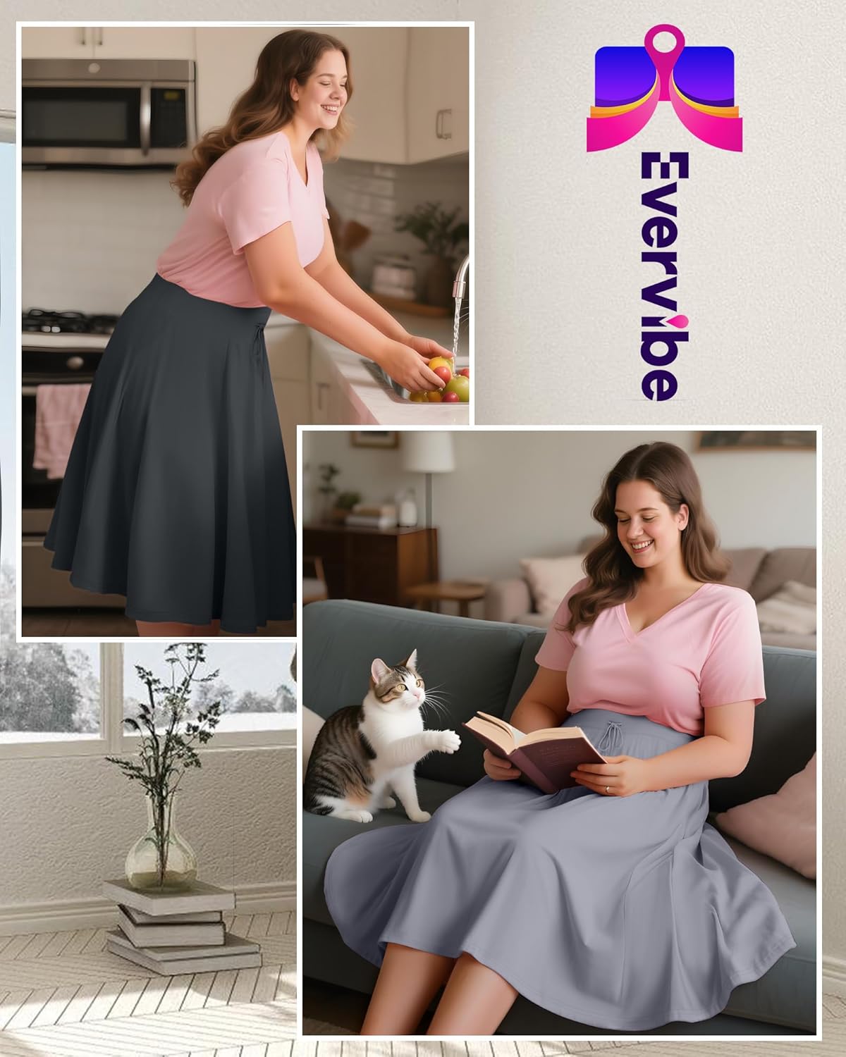 3 Pack Plus Size Skirts for Women Knee Length Flared Midi Stretchy Drawstring Summer Skirts 1X-5X - Image 7