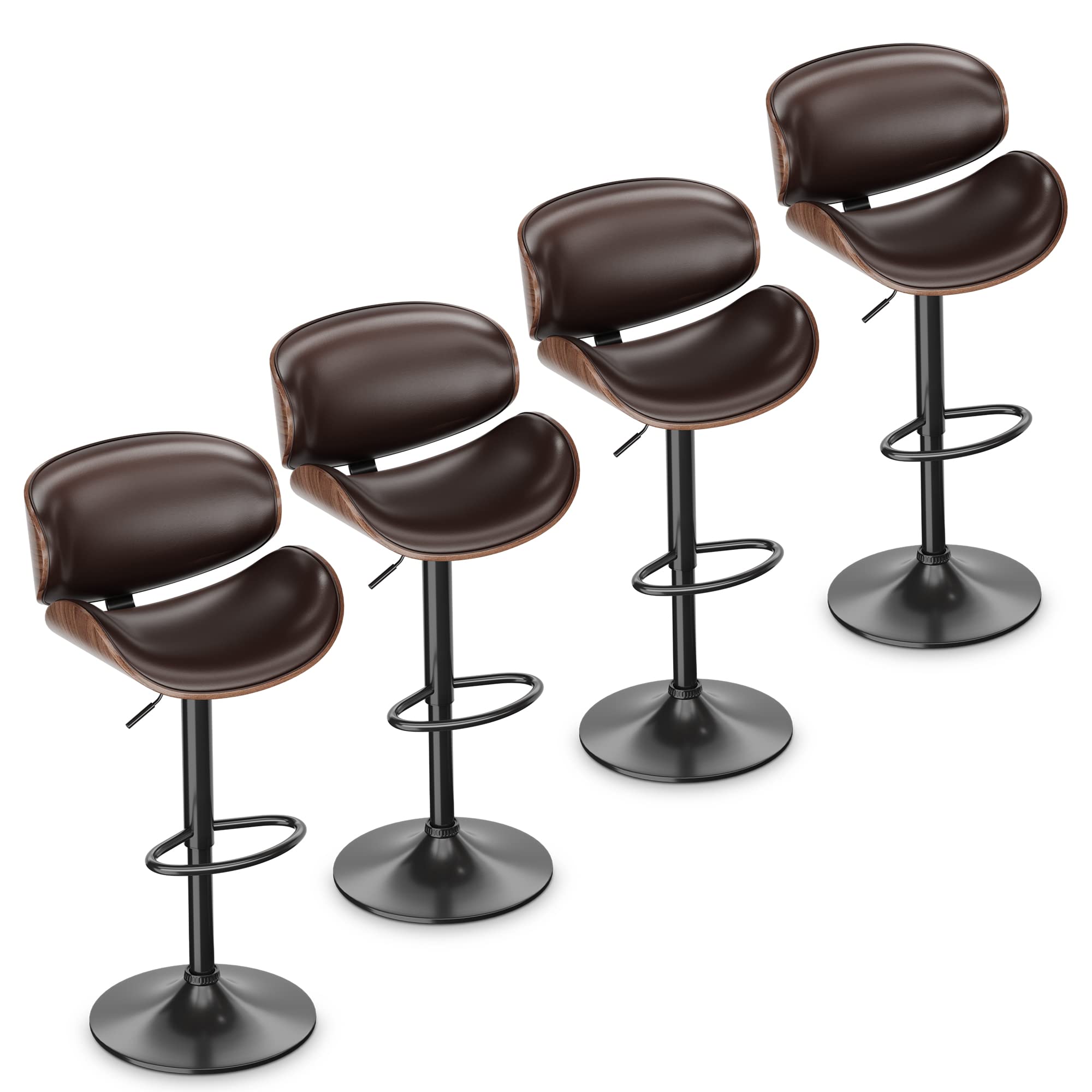 ONME Bar Stools Set of 4, Bentwood Adjustable Height Swivel Bar Stools, PU Leather Upholstered Bar Chair with Back and Footrest for Bar, Counter, Kitchen, Dining Room, Brown