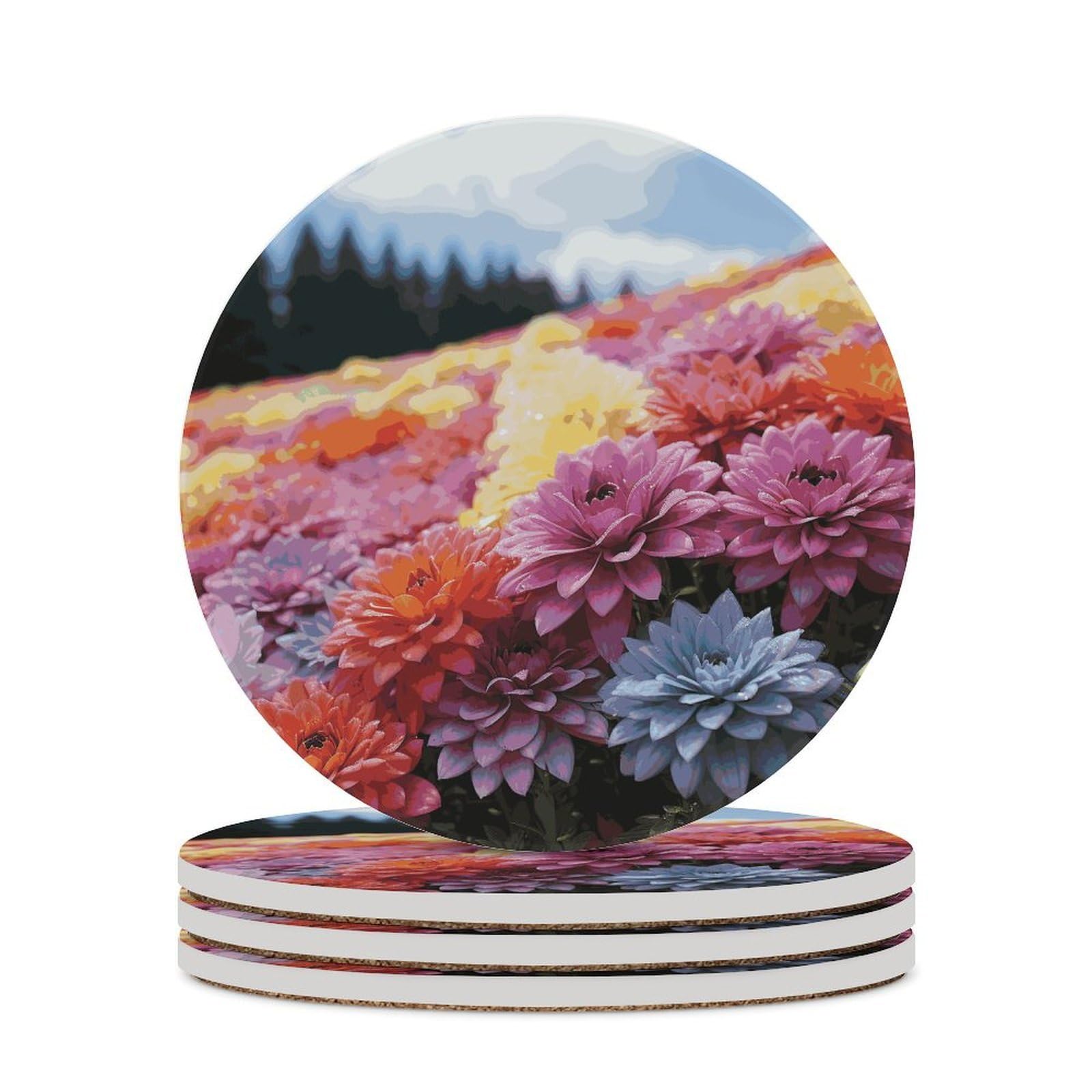 Rainbow Flower Sea Coaster with Cork Base Drink Coasters for Coffee Table Decor Modern Cup Coasters with Non-Slip & Heat-Resistant Cute Ceramic Table Coaster for Home Dining
