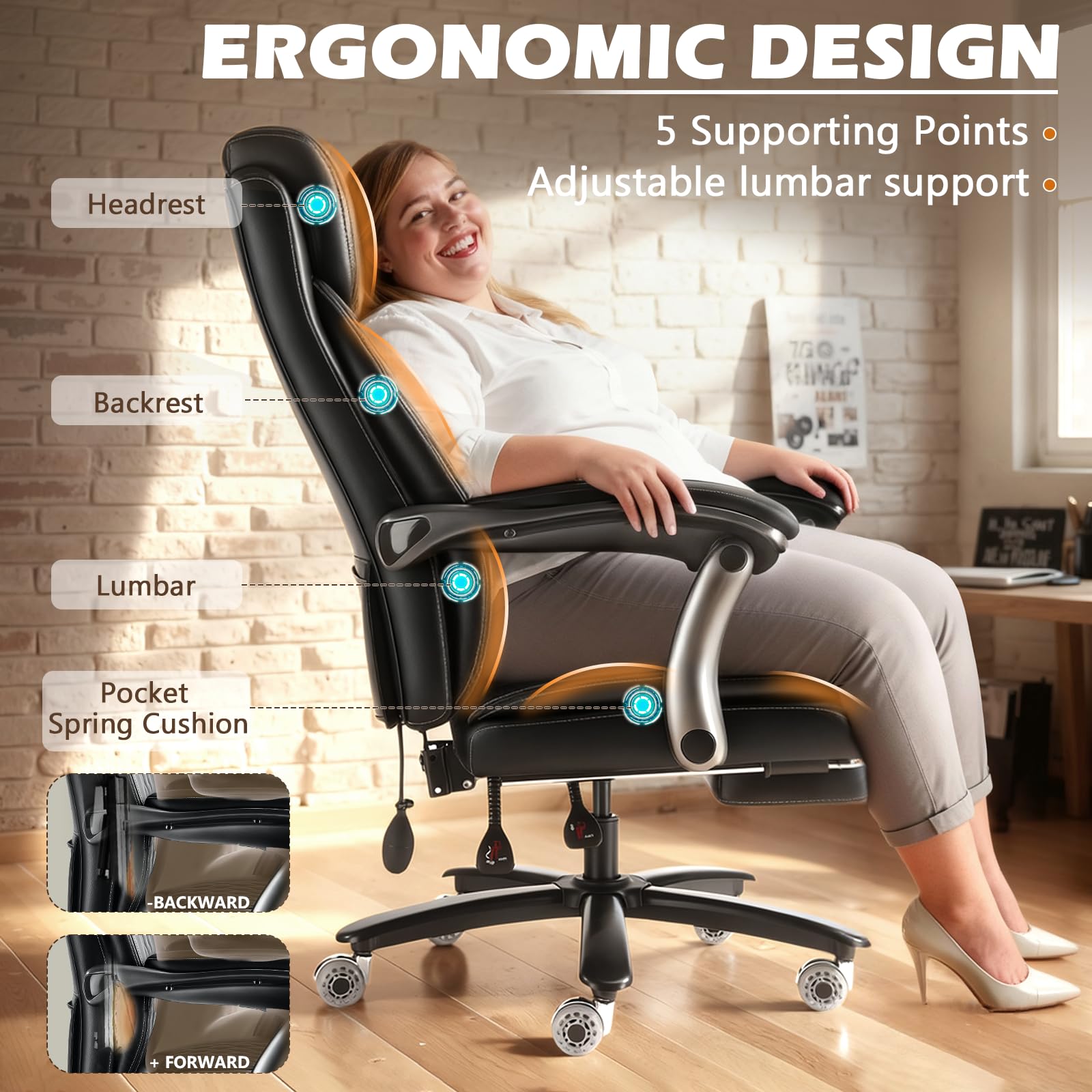 700lbs Reclining Big and Tall Office Chair with Foot Rest Ergonomic Heavy Duty Executive Office Desk Chair with — view 4