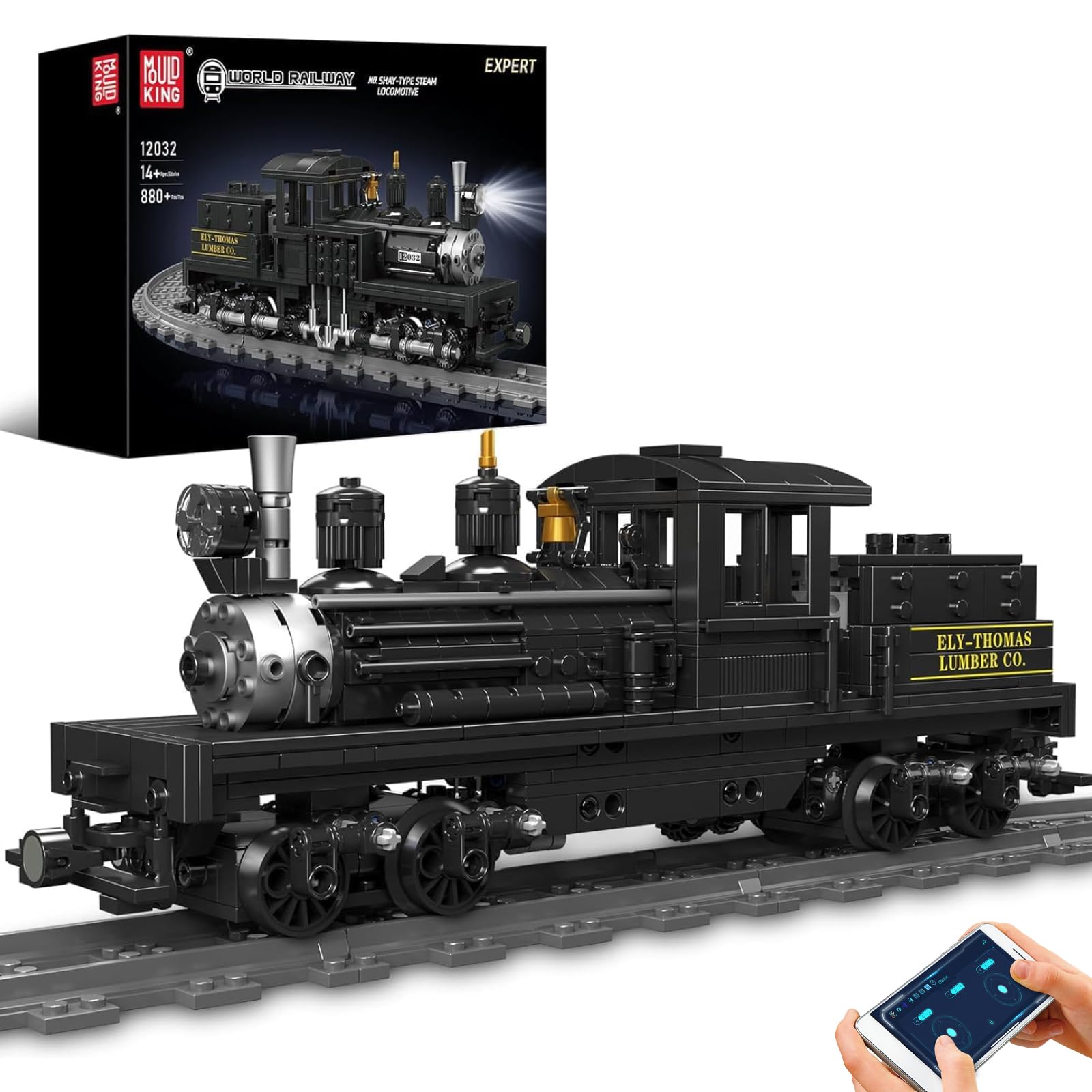 Mould King Kit de Blocs de Construction de Train technologique 12032, Bloc de Construction de Locomotive à Vapeur de Type Shay (880 pièces), modèle de Locomotive à Vapeur mécanique STEM pour garçons