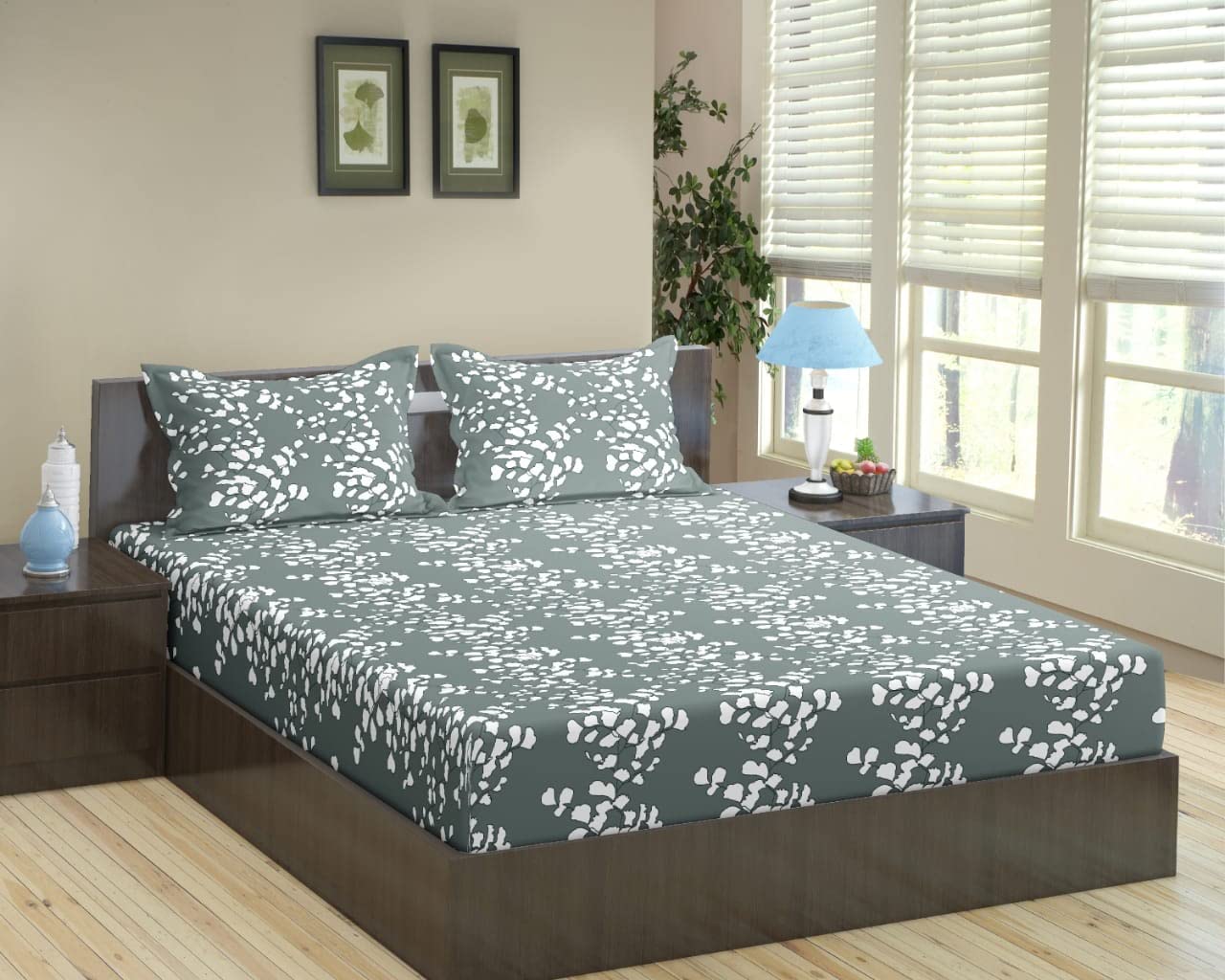Trance Home: Ginkgo Leaves Grey White Cotton Fitted Sheet Set -1