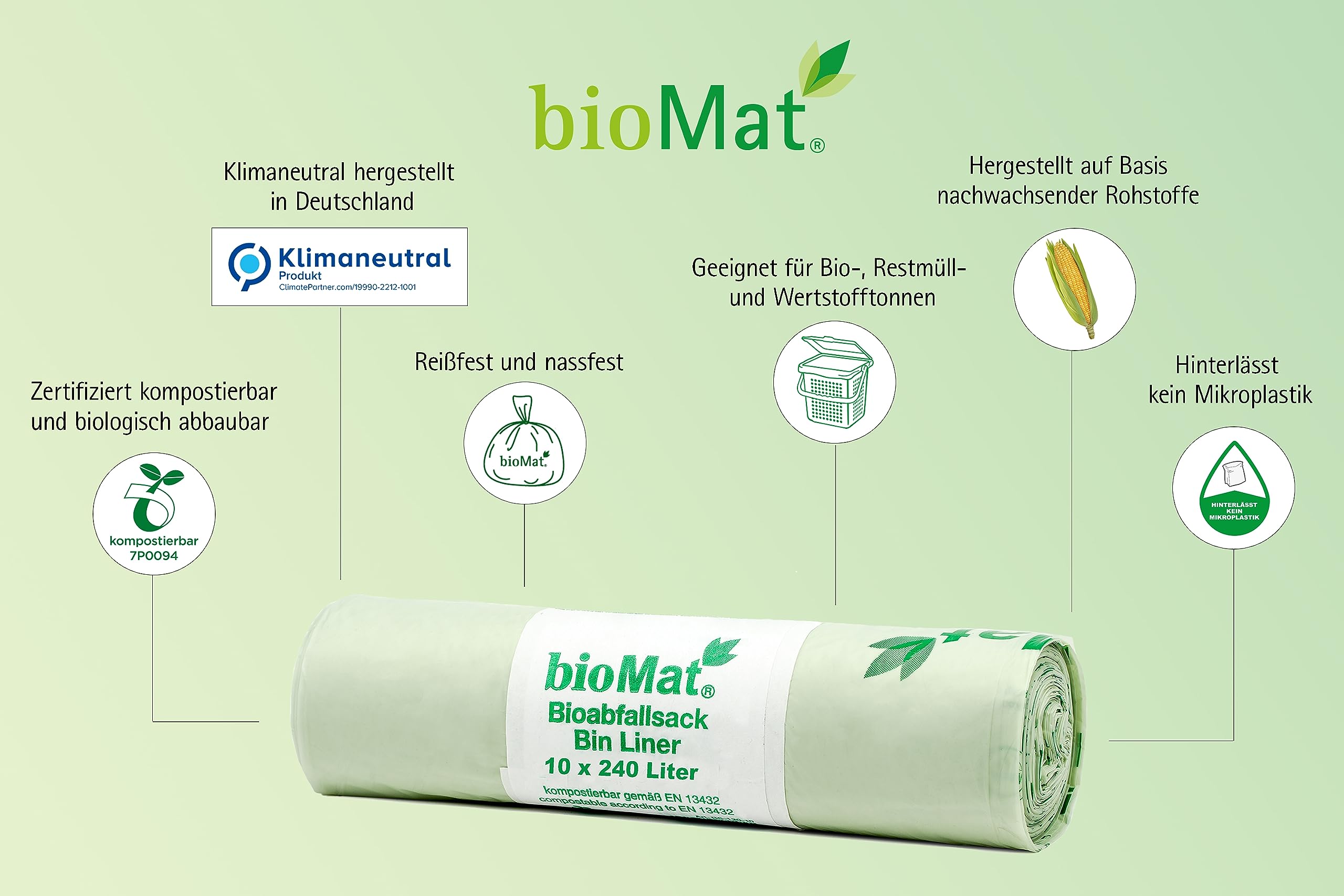 bioMat Kompostierbare 240l Abfallsäcke, 100 Biomüllbeutel für Biotonne, Restmülltonne, Premium-Qualität, Klimaneutral, Made in Germany