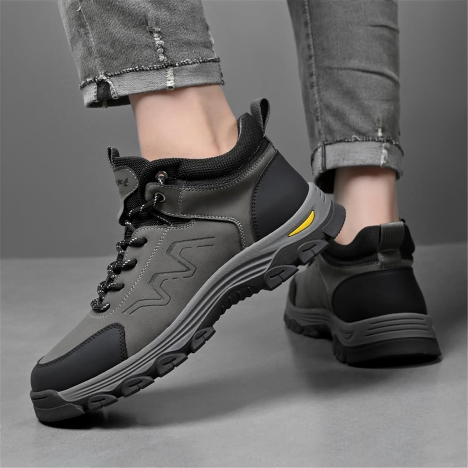 Men's Retro Waterproof Leather Lace Up Mid Top Platform Hiking Ankle Boots Breathable Non Slip with Arch Support Lightweight Outdoor Shoes for Backpacking Trekking Trails Camping Fishing