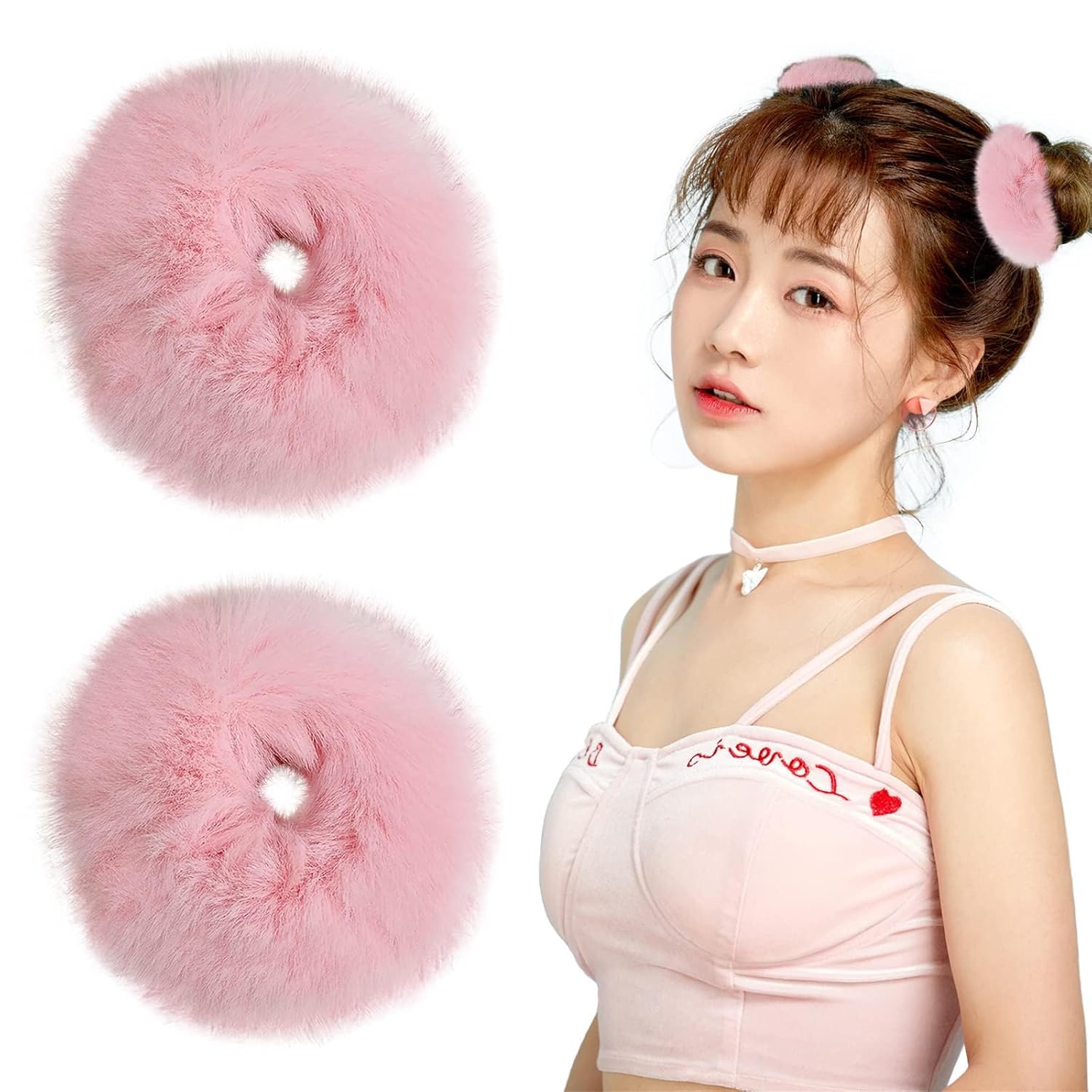 Halloween Pink Pom Pom Hair Tie, Fuzzy Scrunchies with