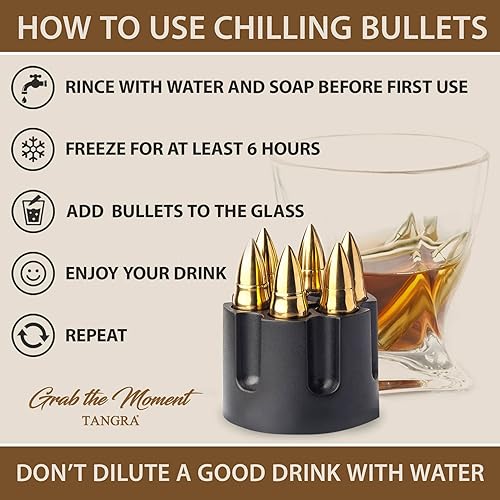 Miniatura 5 de Piedras de whisky doradas extra grandes, 6 balas de acero inoxidable grabadas con láser con base de barril de revólver, rocas refrescantes