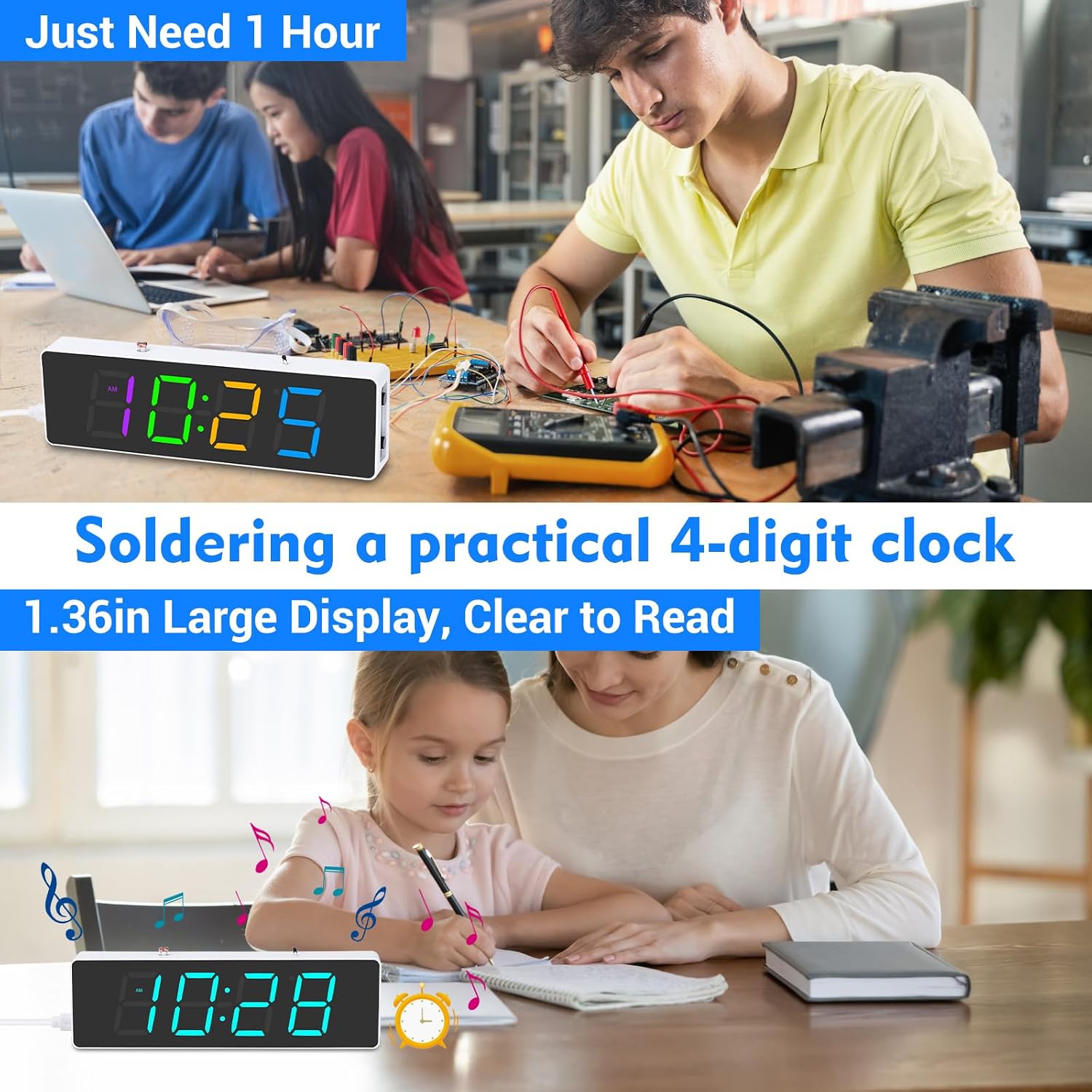 MiOYOOW 4-digit RGB Colorful LED Digital Clock Kit with Acrylic Shell and 6-Digit DIY Digital Electronic Clock Kit, Soldering Practice Kit for College High School Education and Daily Use image 2