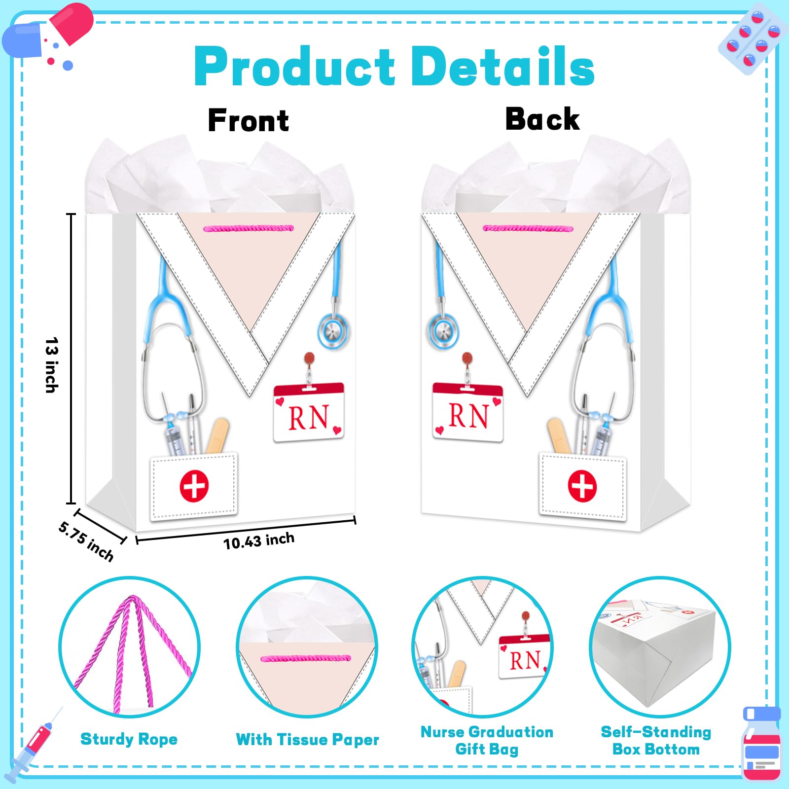 HEYINSHEN Nurse Graduation Gifts Bag 13" Large Congrats Nurses Gift Bag with Tissue Paper & Handles Gifts Bag for Nursing Grads Medical School Graduation Decor Nurse Week Celebrations