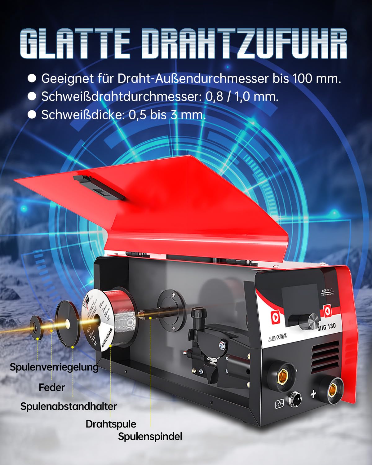 VECTOR WELDING Fülldraht Schweißgerät Set 130A, Inverter Schweißmaschine | 3-in-1 IGBT Elektroden Schweißgerät Flux MIG/MMA/Lift WIG mit Digital Display, Anti-Stick, Leicht Tragbar für Autoreparatur