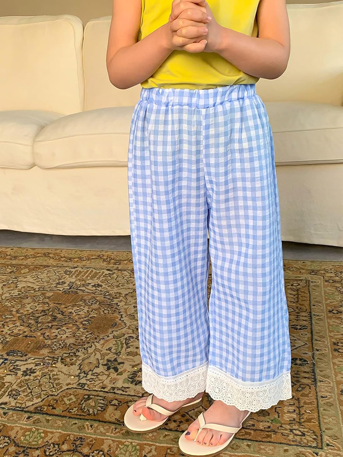 Miipat 幼児 ガールズ ワイドレッグパンツ ゴムウエスト 2枚パック ギンガムパンツ キッズ ルーズチェックチェック柄レースボ