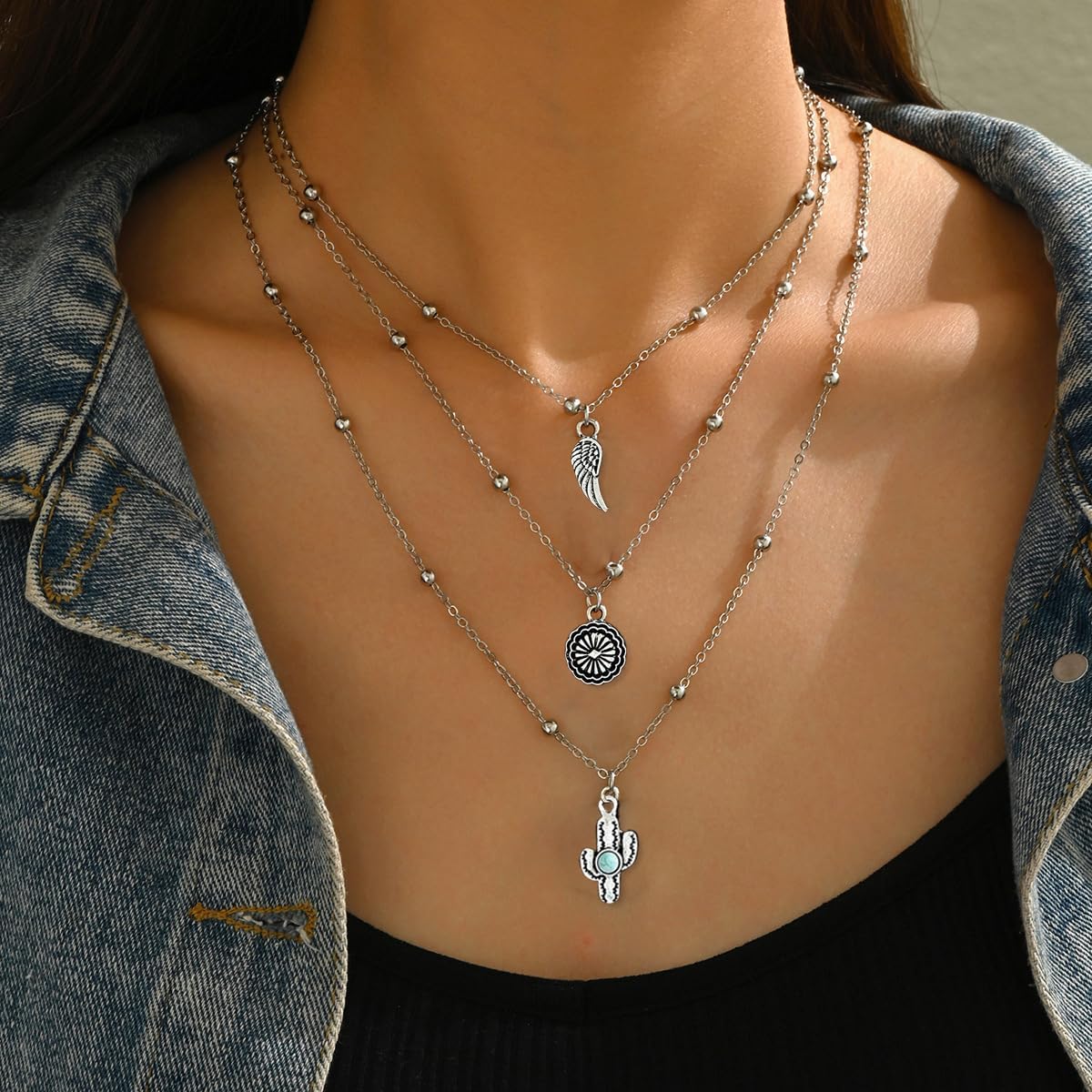 INENIMARTJ Western Necklace for Women Boho Layered Turquoise Necklaces Vintage Cowgirl Cowboy Rodeo Country Concert Cow Tag Pendant Necklace Western Jewelry Outfits Accessories - Image 2