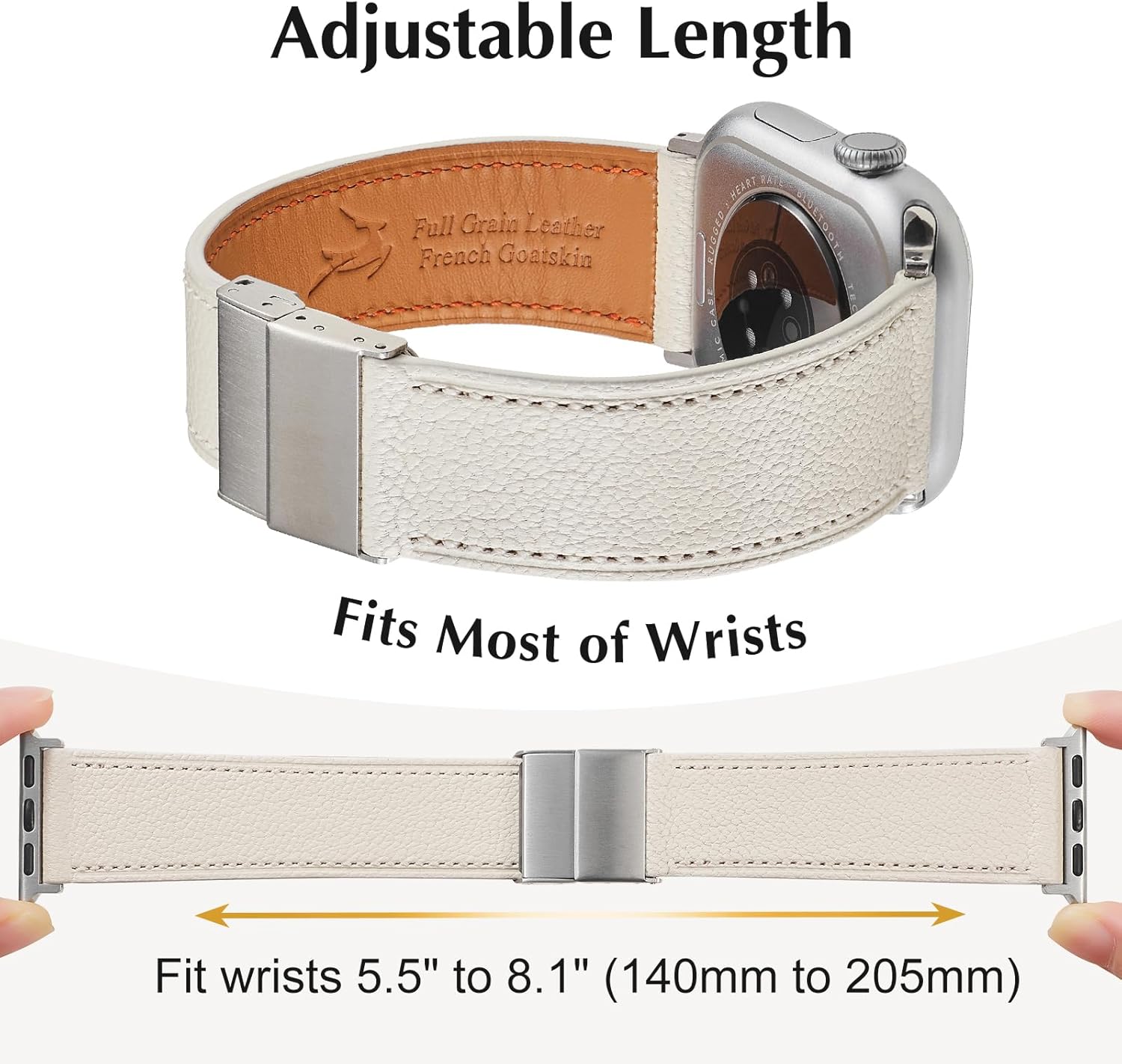 French Goatskin Leather Watch Band with Magnetic Buckle for Apple Watch Series 11 10 9 8 7 6 5 4 SE 1 2 3 for Women & Men, Leather Band for iWatch 38mm 40mm 41mm 42mm 44mm 45mm 46mm 49mm - Image 4