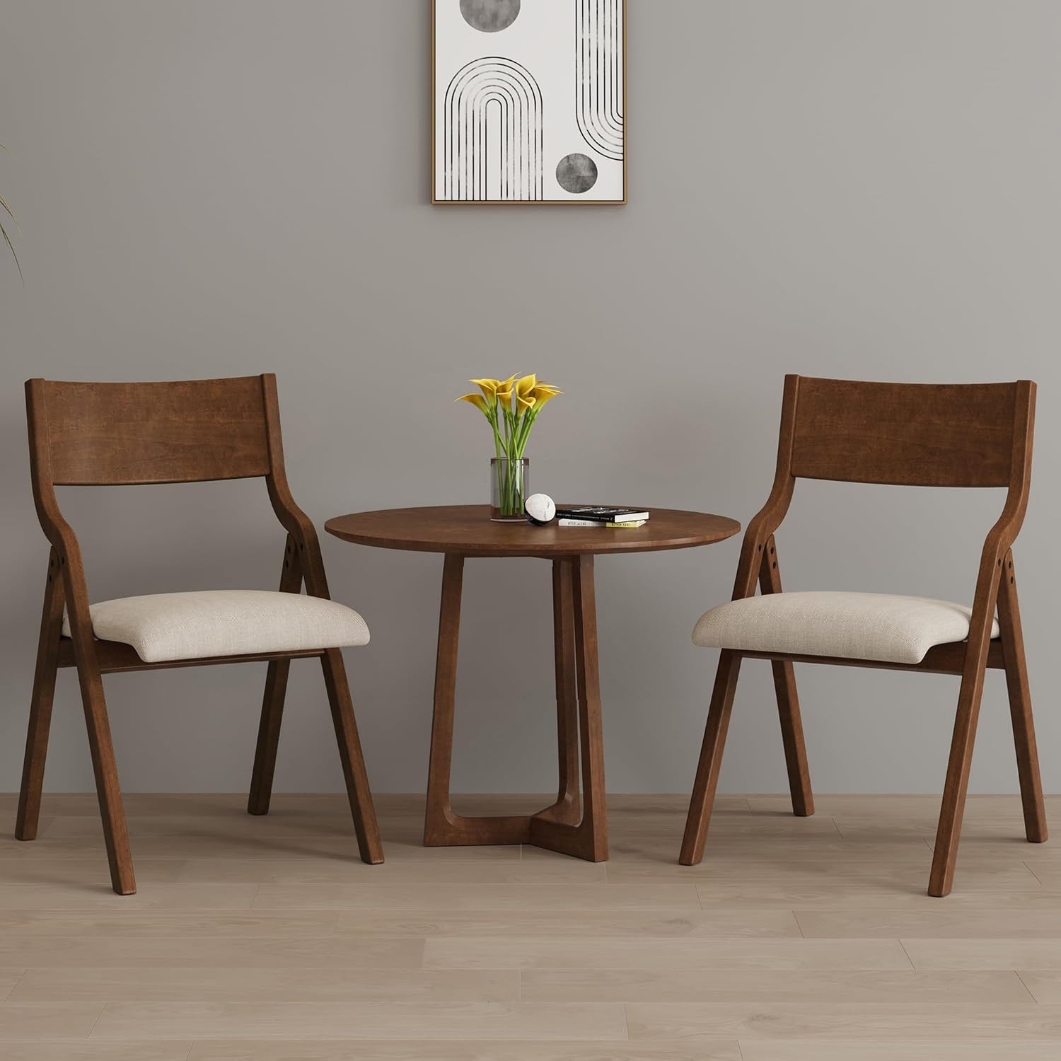 Folding Dining Chairs Set of 2, Upholstered Kitchen Chair with Padded Seat & Wood Backrest, Modern Side-Chair with Wood Legs for Home Office Living Room,No Assembly Needed,Walnut