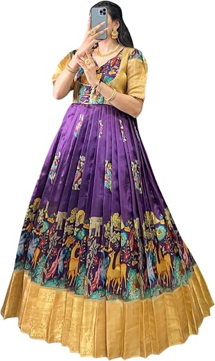 LIVESWAG Dola Silk Traditional Pichwai Print with Weaving Work and Micro Crepe Linning Long Gown/Maxi/Dress (Alterable L t...