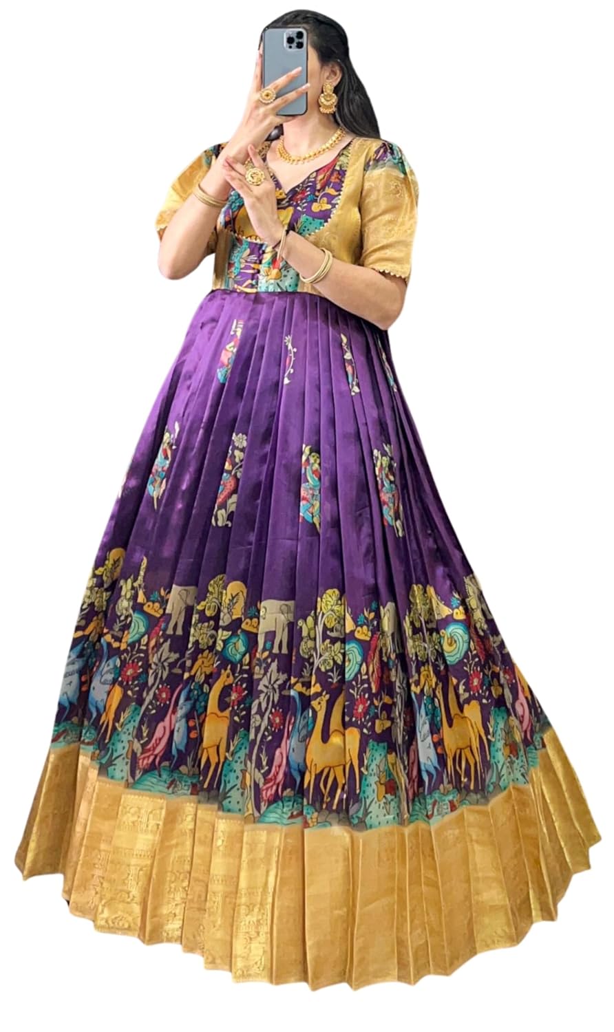 LIVESWAG Dola Silk Traditional Pichwai Print with Weaving Work and Micro Crepe Linning Long Gown/Maxi/Dress (Alterable L t...