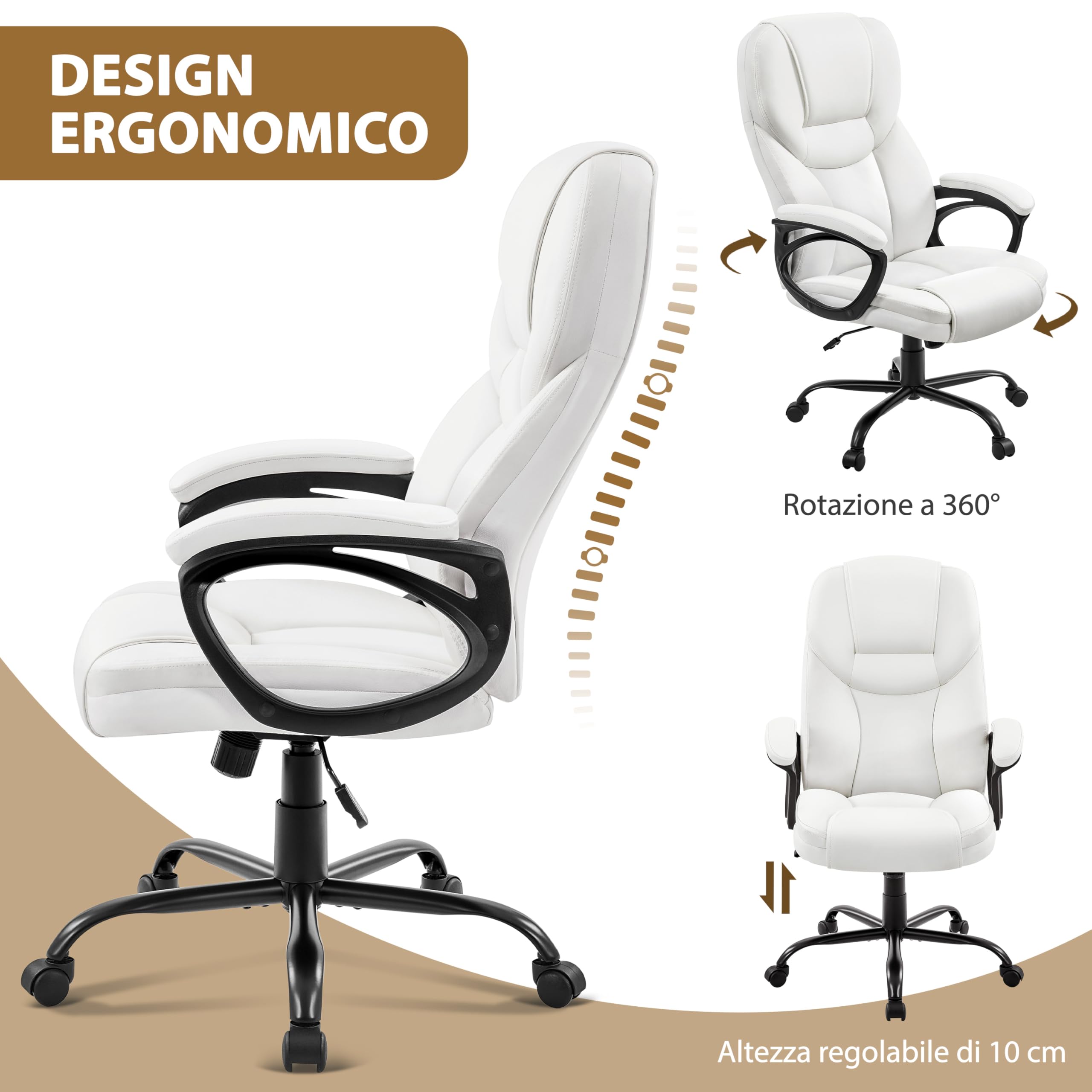 Yaheetech Poltrona Ufficio Ergonomica Presidenziale in Finta Pelle Bianca Imbottita Sedia da Scrivania a Rotelle Girevole Reclinabile a Dondolo Altezza Regolbile