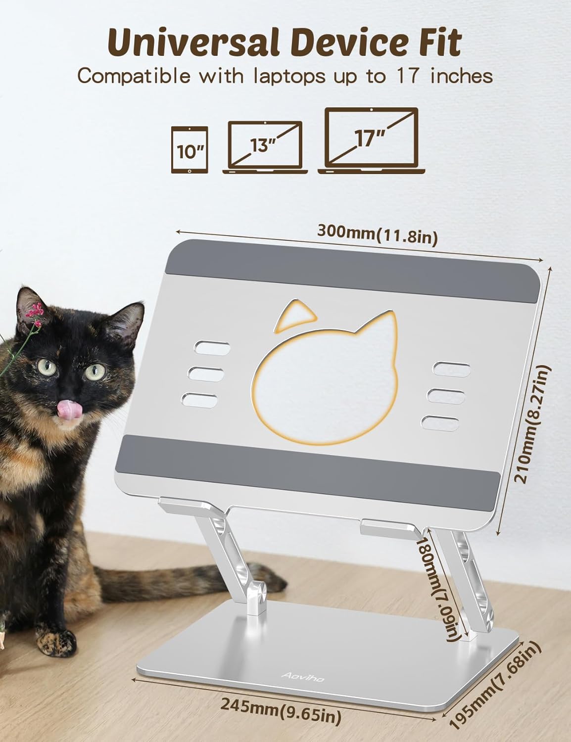 Aoviho Laptop Stand for Desk – Adjustable Aluminum Laptop Riser with Unique Cat-Shaped Cooling Vent, Portable Desk Gift & Decor, Compatible with MacBook Air Pro, Dell, HP, Lenovo (10"-17.3"), Silver