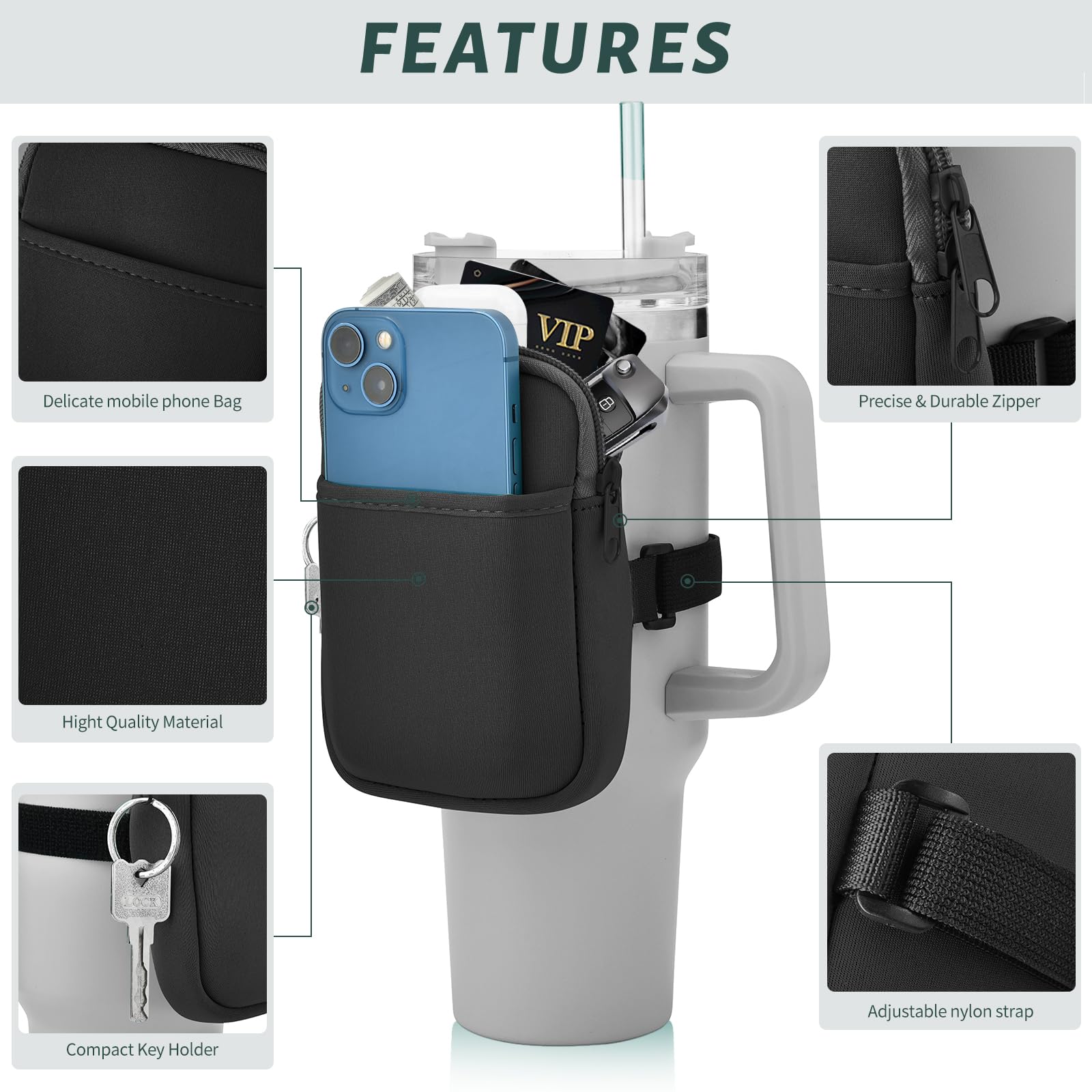 Mvidsy Stanley Water Bottle Pouch, 30oz, Black, Soft, Unisex, Adjustable Strap, 1 Compartment, Pouch Style, Bottle Case