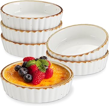 ONEMORE Ramekins 4 أوقية - أفران ضحلة آمنة من الأفران مع حافة بنية لـ Creme Brulee - Speckled، Fluted، Set of 6