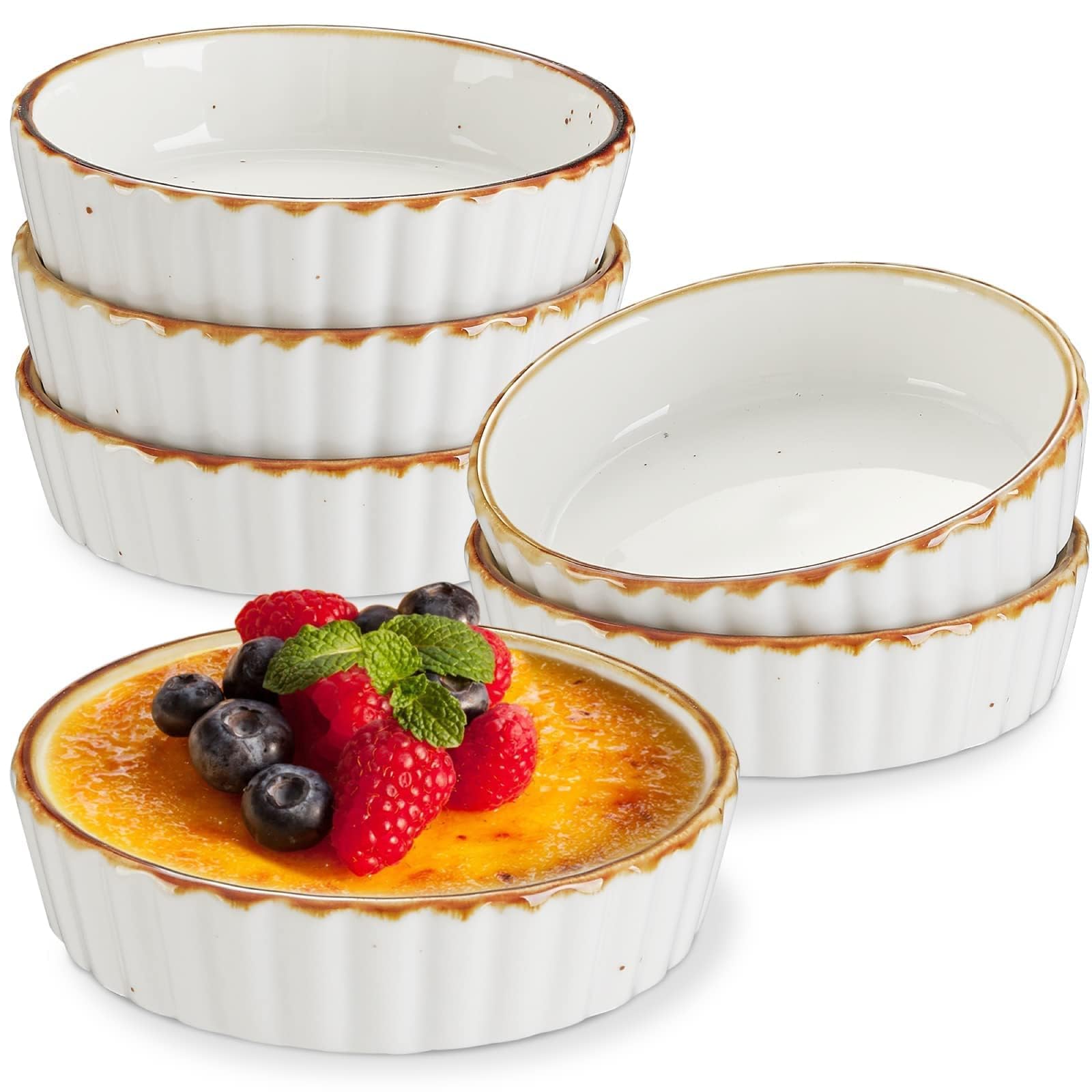 ONEMORE Cerámica poco profunda Ramekin Verti Line, color blanco crema juego de 6