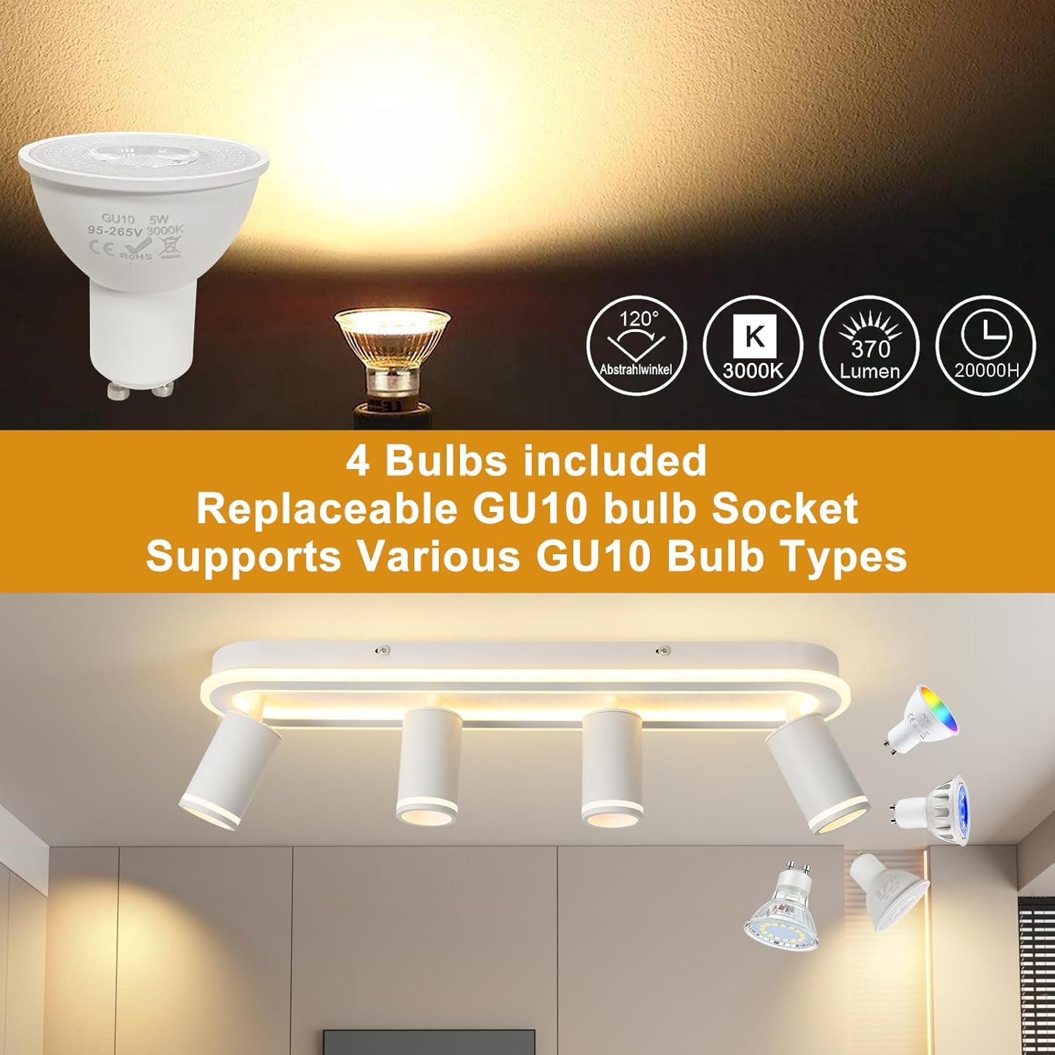 LED 4 Light Track Lighting Spotlight Kit, White Ceiling Spotlights, Modern Track Light Fixture with Flexibly Rotatable Light Heads, 50W+20W Dual Lighting for Kitchen Living Room,Includes 4 x GU10 Bulb