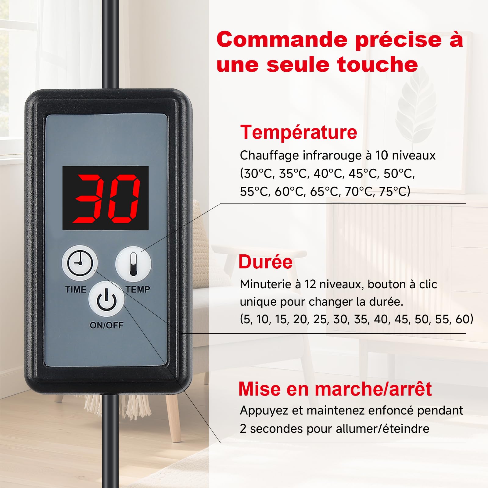 Cozion Lampe In-frarouge Chauffante 150w, Lampe à in-frarouge avec 10 niveaux de réglage de la température et 12 niveaux de minuterie (Noir)