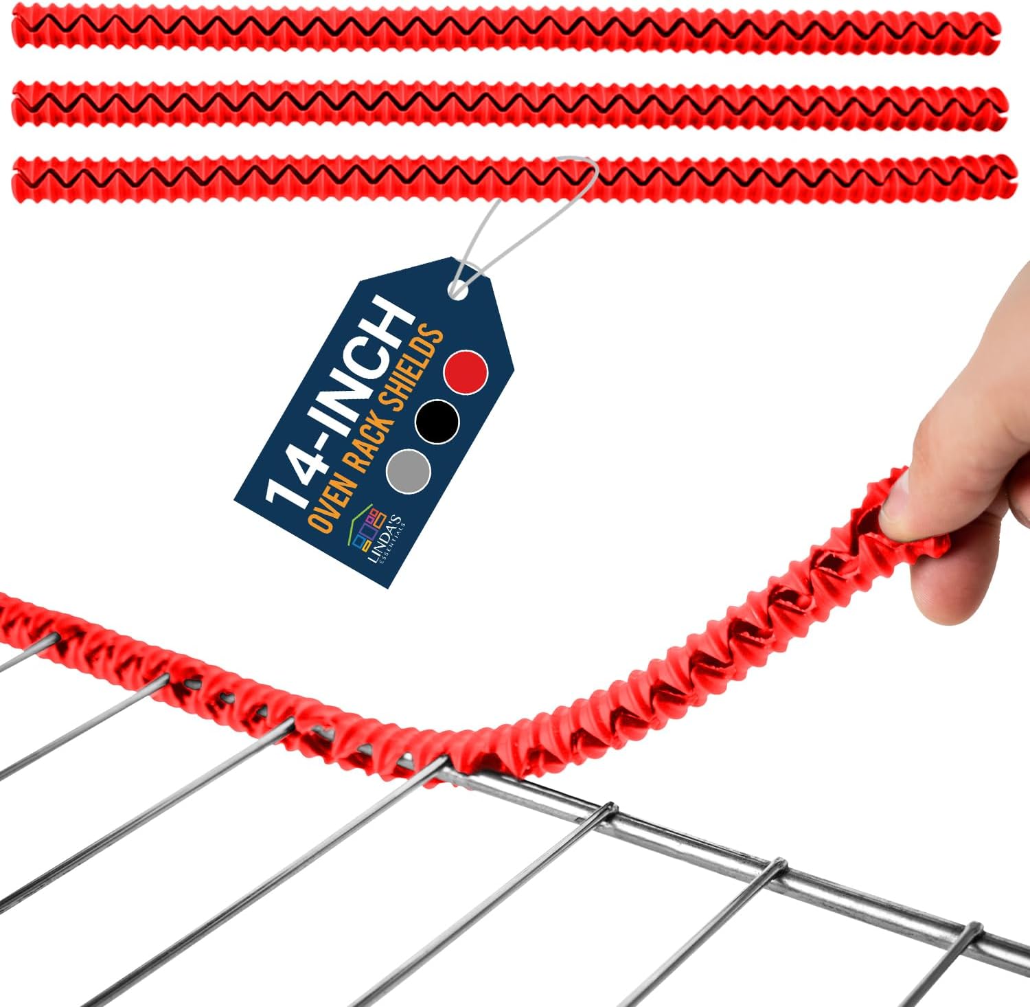 Silicone Oven Guards for Racks by Linda’s Essentials (3 Pack) - Heat-Resistant Rack Protectors Shield, Prevents Burns & Scars, Easy to Fit Design, Must-Have Kitchen Safety 14 Inches Long (Red)