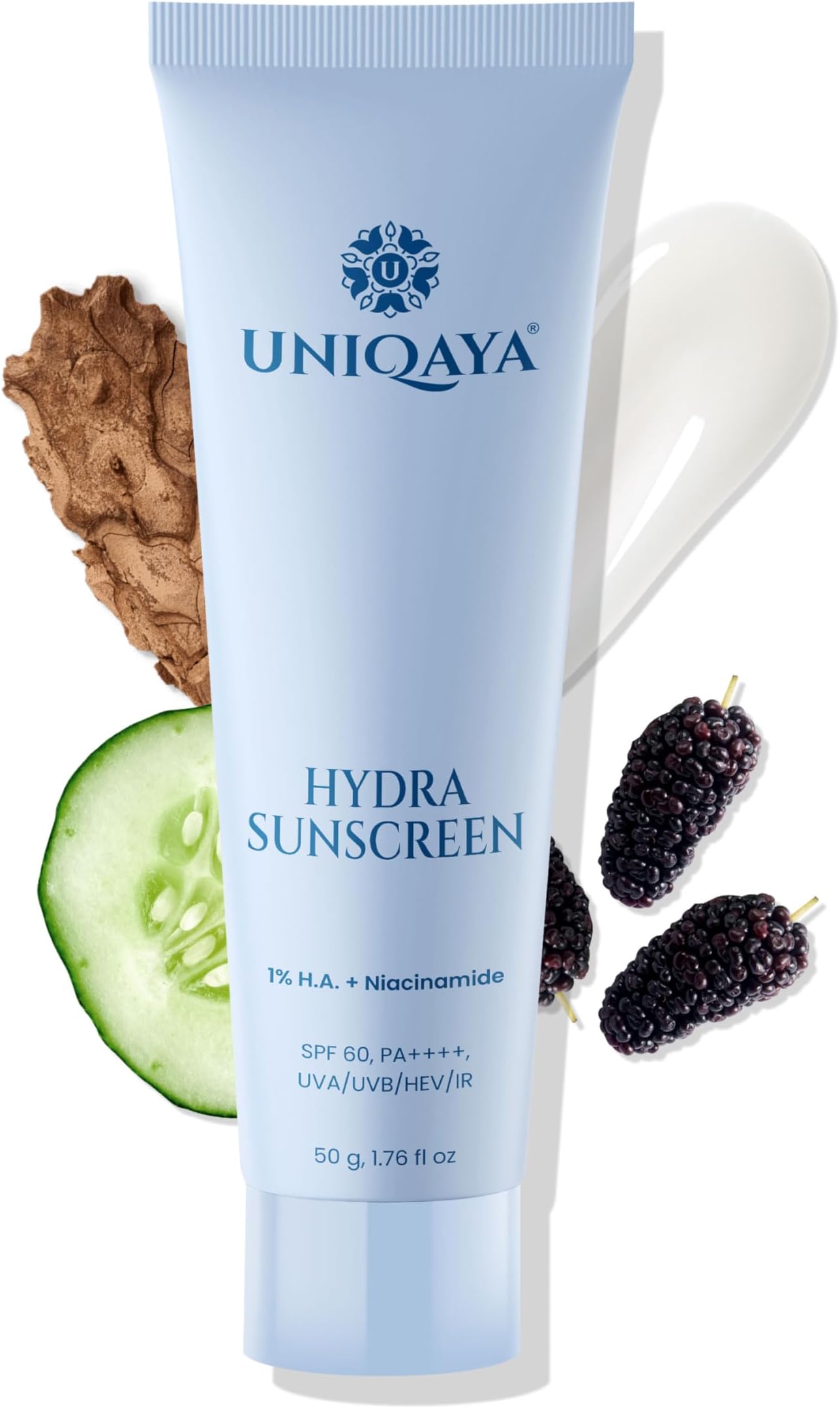 Uniqaya Hydra Sunscreen SPF 60 PA++++ | With Hyaluronic Acid & Niacinamide | For All Skin Types | Hydrating For Oily Skin With Bluelight Protection Lightweight (50gm)