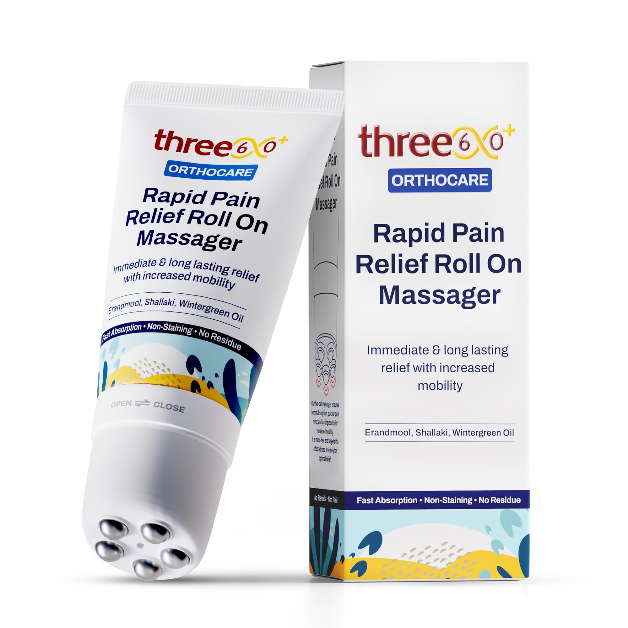 three60+ RAPID PAIN RELIEF Roll On Massager|Immediate & Long-Lasting Pain Relief|Erandmool,Shallaki,Wintergreen Oil,Nirgundi|Fast Absorption|Targeted,Hands-Free Massage Application (Pack of 1)