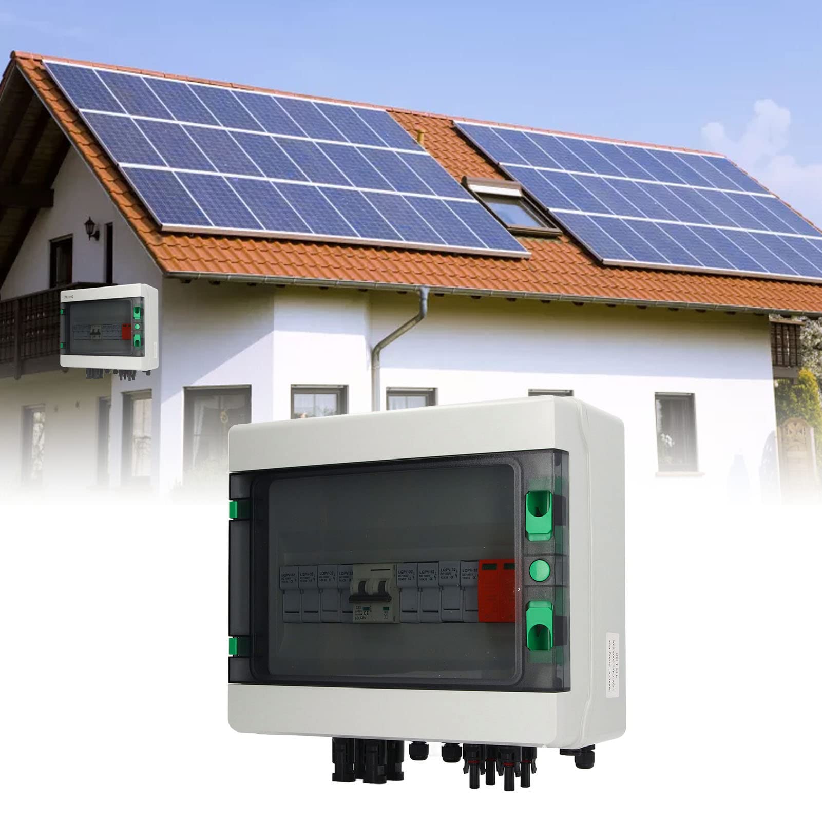 Skrzynka Rozdzielcza PV 4 Struny, Wodoodporna Skrzynka Rozdzielcza Paneli Słonecznych z Bezpiecznikiem 15A 63A Ogranicznik przepięć DC500V