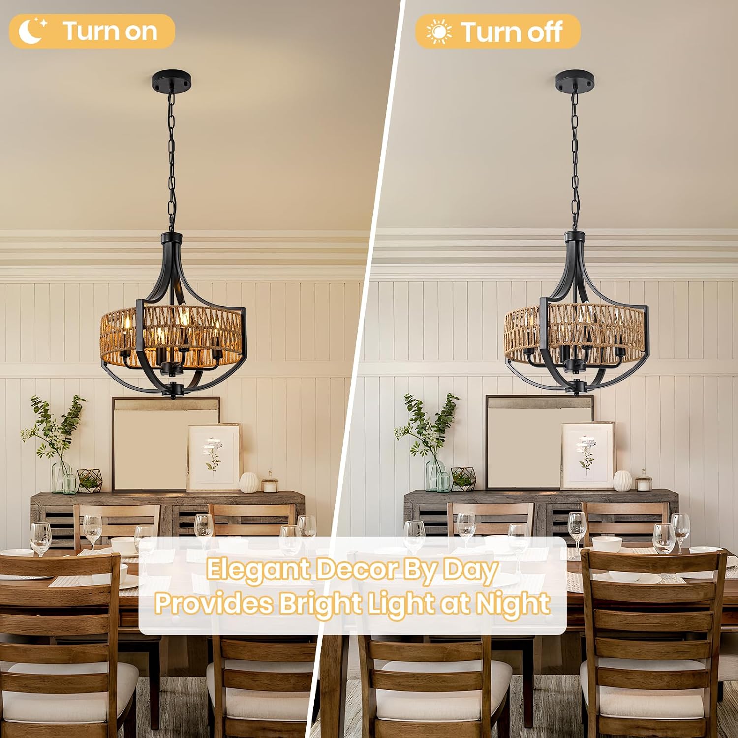 17" Modern Farmhouse Chandelier Light Fixtures, 4-Light Rattan Pendant Lighting with Hand Woven Wicker Shade, Boho Black Chandeliers Hanging Light for Dining Room Kitchen Island Bedroom Foyer