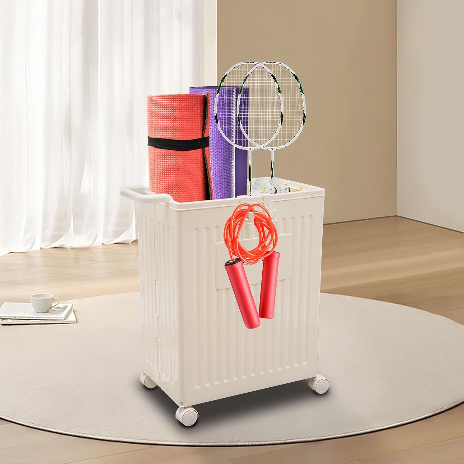 Storage Box with Universal Wheels, Collapsible Removable Storage Organizer with Removable Lid, Portable Free Standing Rectangular Storage Boxs for Bedroom, Bathroom, Wardrobe, Laundry (Cream Yellow)