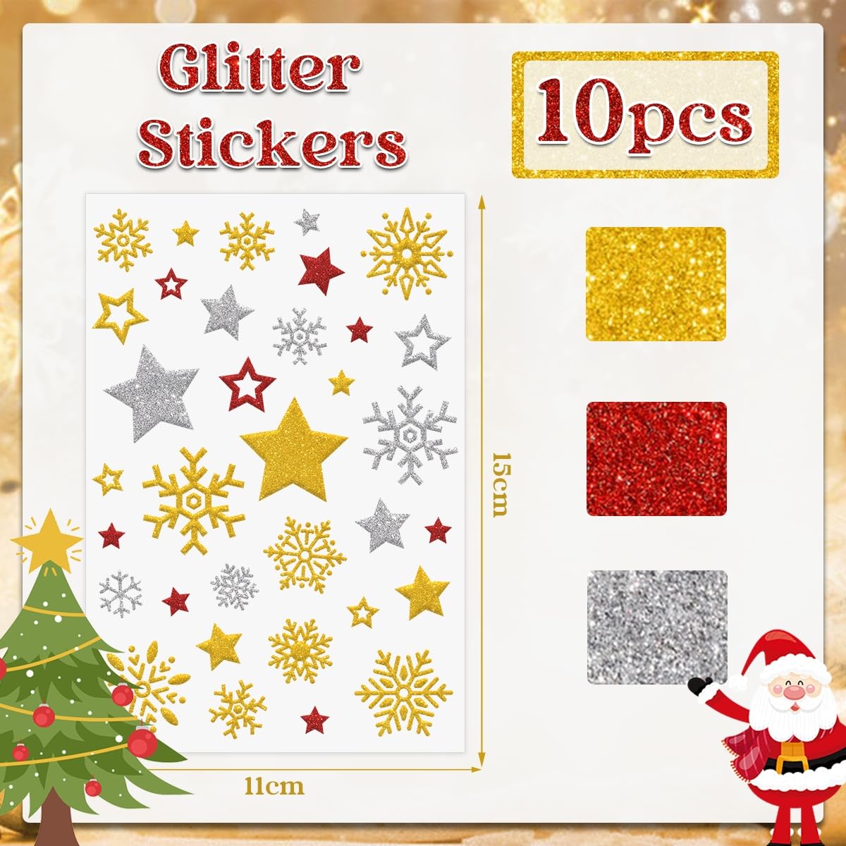 COLOFALLA Weihnachtsaufkleber Gold Glitzer - 5 Blätter Mit Baum & Sternen Motiven, Für Geschenke & Basteln