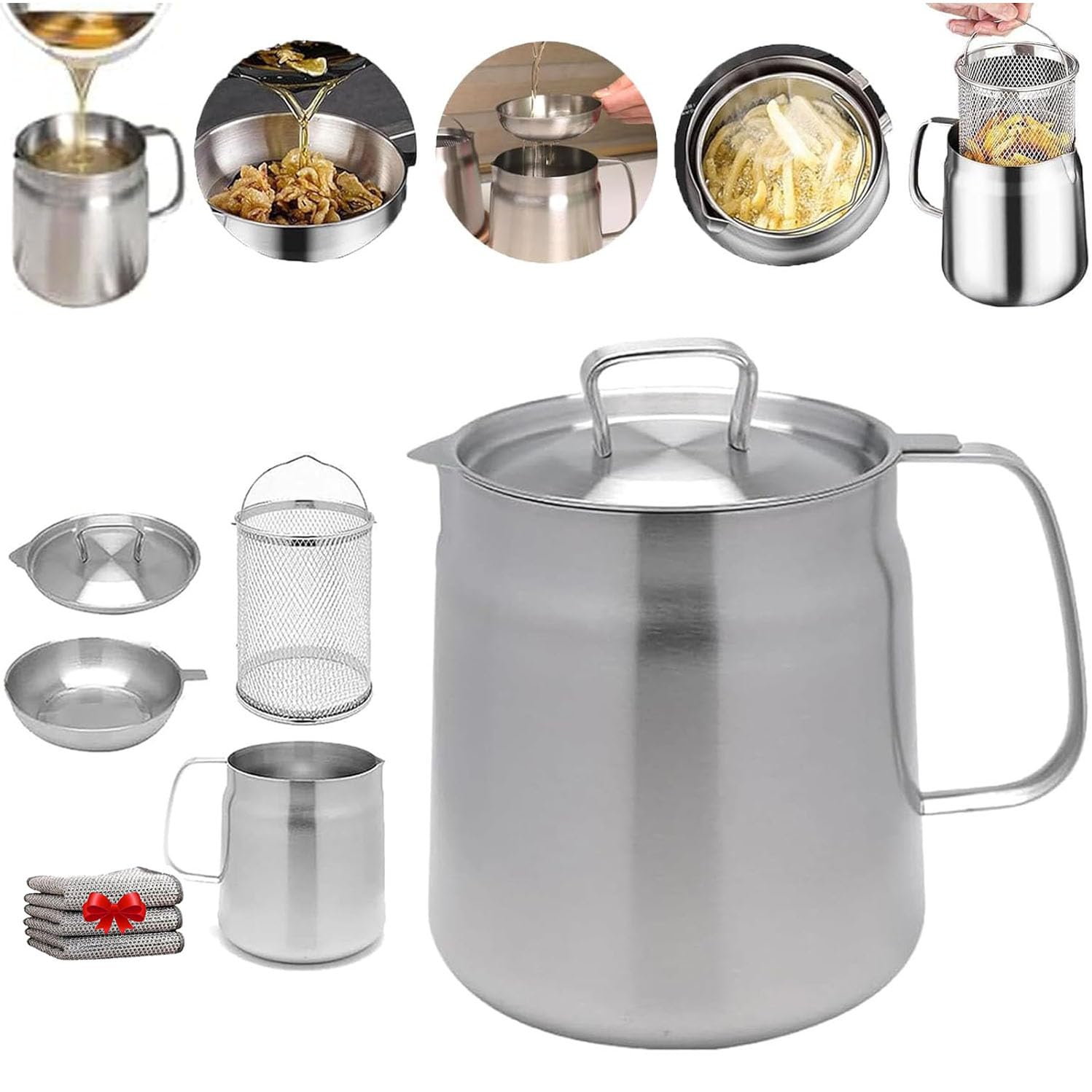 Olla de filtro de aceite de acero inoxidable 304 con colador, recipiente de aceite resistente para cocinar, recipiente de filtro versátil y mini freidora, capacidad de 2.0 L