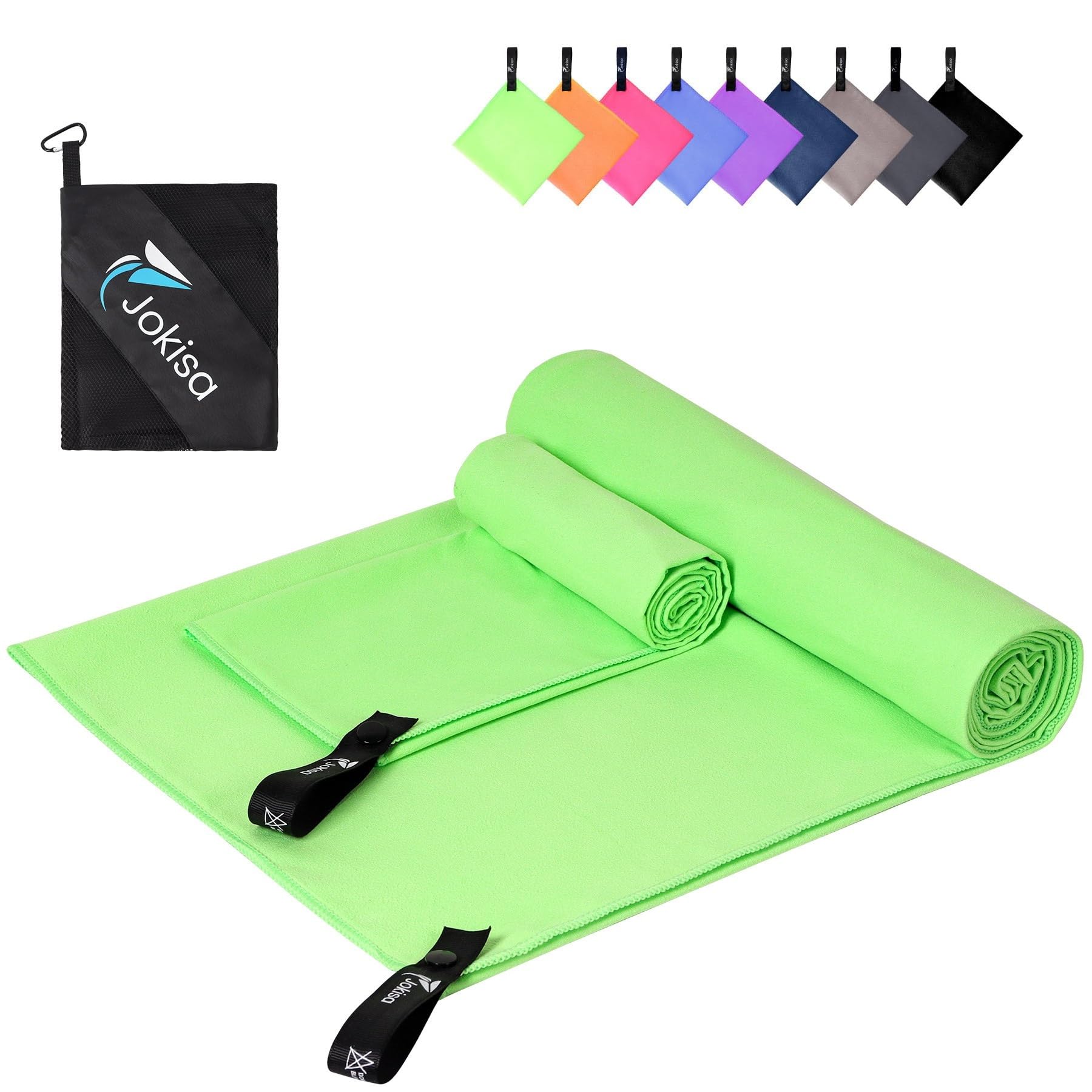 Jokisa Mikrofaser Handtuch 2er Set, 180X90cm Strandtuch Mikrofaser + 80X40cm Sporthandtuch, Schnelltrocknendes & Sandfrei Handtücher für Outdoor Sauna Strand Trekking (Hellgrün)