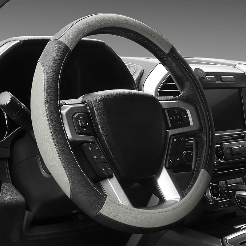 SEG Direct Black and Gray Microfiber Auto Car Steering Wheel Cover Universal 15 inch | Universal Medium Standard Size 37-39cm for Car Truck SUV, Microfiber Leather, Anti-Slip Comfortable Grip, Black and Gray