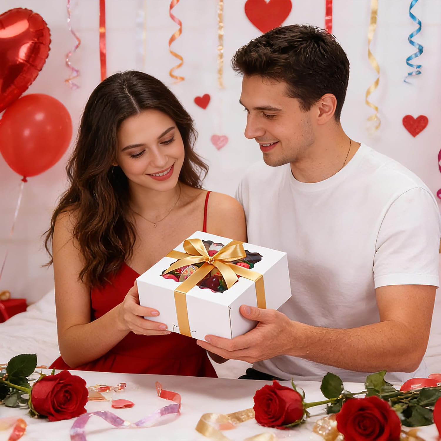 COTOPHER Auto Pop Up Cookie Box with Window 6x6x3 Inches – 50 Pack White Bakery Boxes with Gold Ribbon for Birthday Party Favors, Wedding, Christmas Gift Packaging for Cookies, Candy, Macarons
