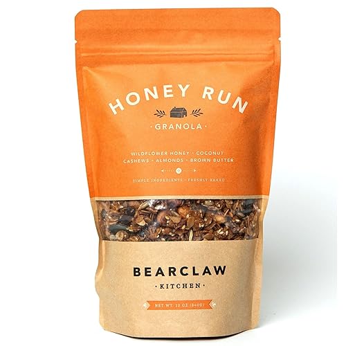 Bearclaw Kitchen Honey Run Granola Snack Clusters Miel de flores silvestres, almendras. Esmalte de mantequilla marrón dulce y salado Ingredientes