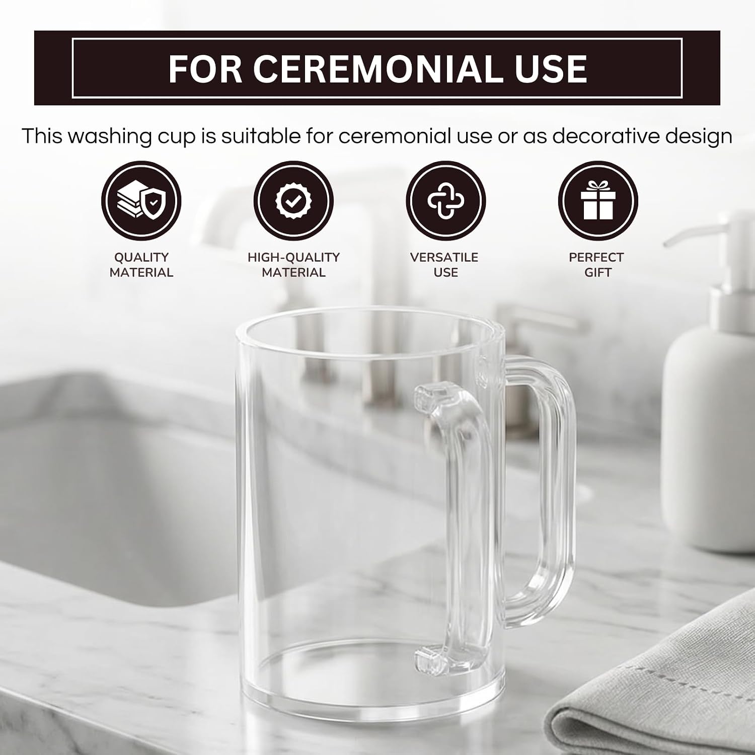 Khen Judaica Acrylic Hand Washing Cup for Netilat Yadayim with Dual Handles - 5" Clear Unbreakable Plastic Negel Vasser Wash Cup for Everyday & Passover Seder, Shabbat, Shul, Synagogue & Home (Clear) image 4