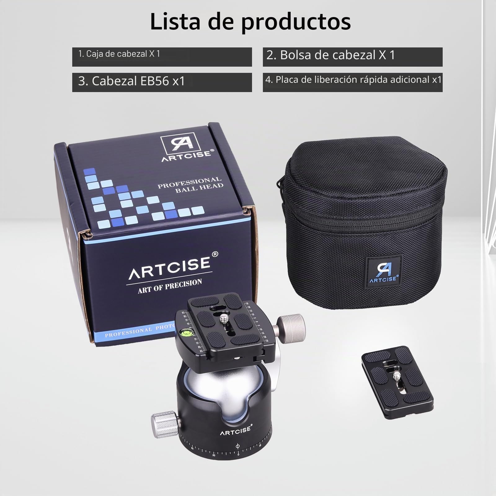 Cabezal de trípode de Perfil bajo ARTCISE, Cabezal de Bola panorámico de Metal de 56 mm Compatible con Placa de liberación rápida Arca 1/4" para trípode monopod cámara DSLR, Capacidad de Carga: 40 kg